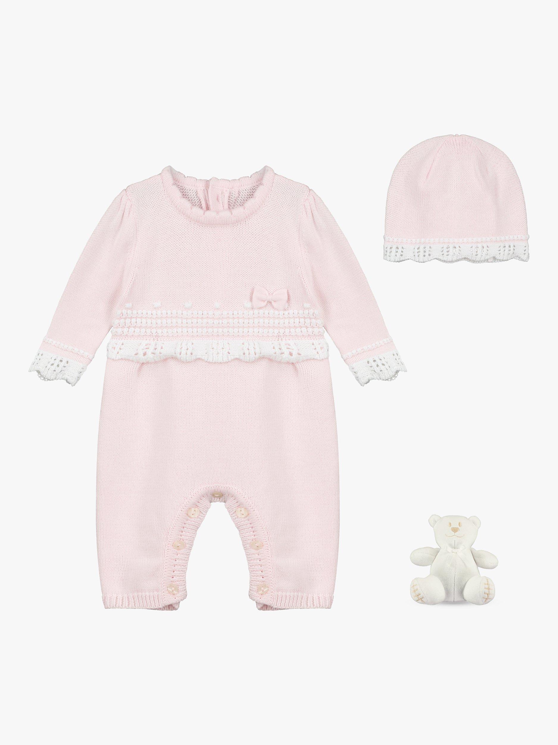 Emile et Rose Baby Elise Knitted Bobble Lace Edge All-in-One Romper & Hat Set, Pink