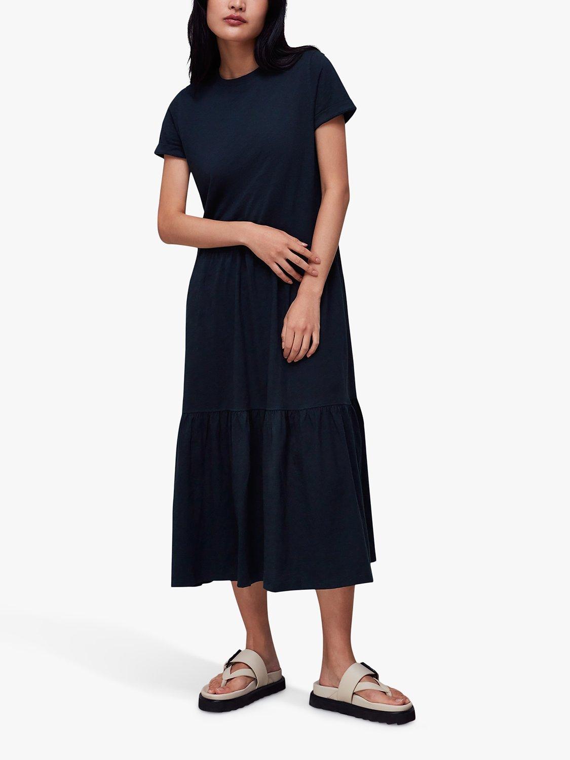 Whistles Tiered Organic Cotton Jersey Midi Dress, Navy