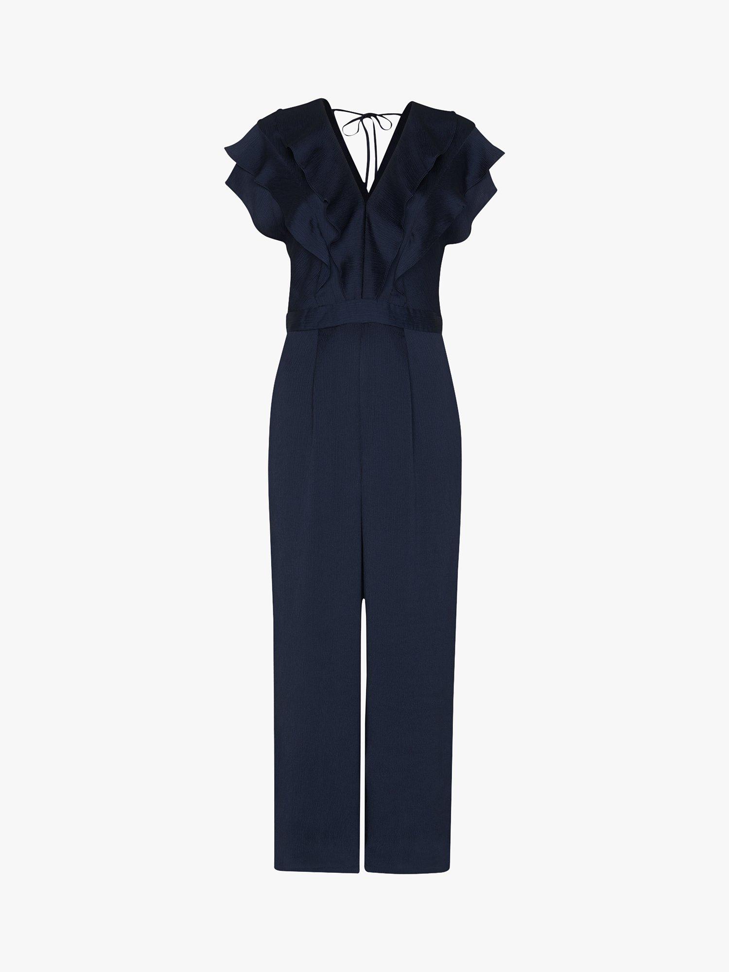 Product image 6 of 7, which shows Whistles Adeline Frill Satin Bodice Wide Leg Jumpsuit, Navy, 20