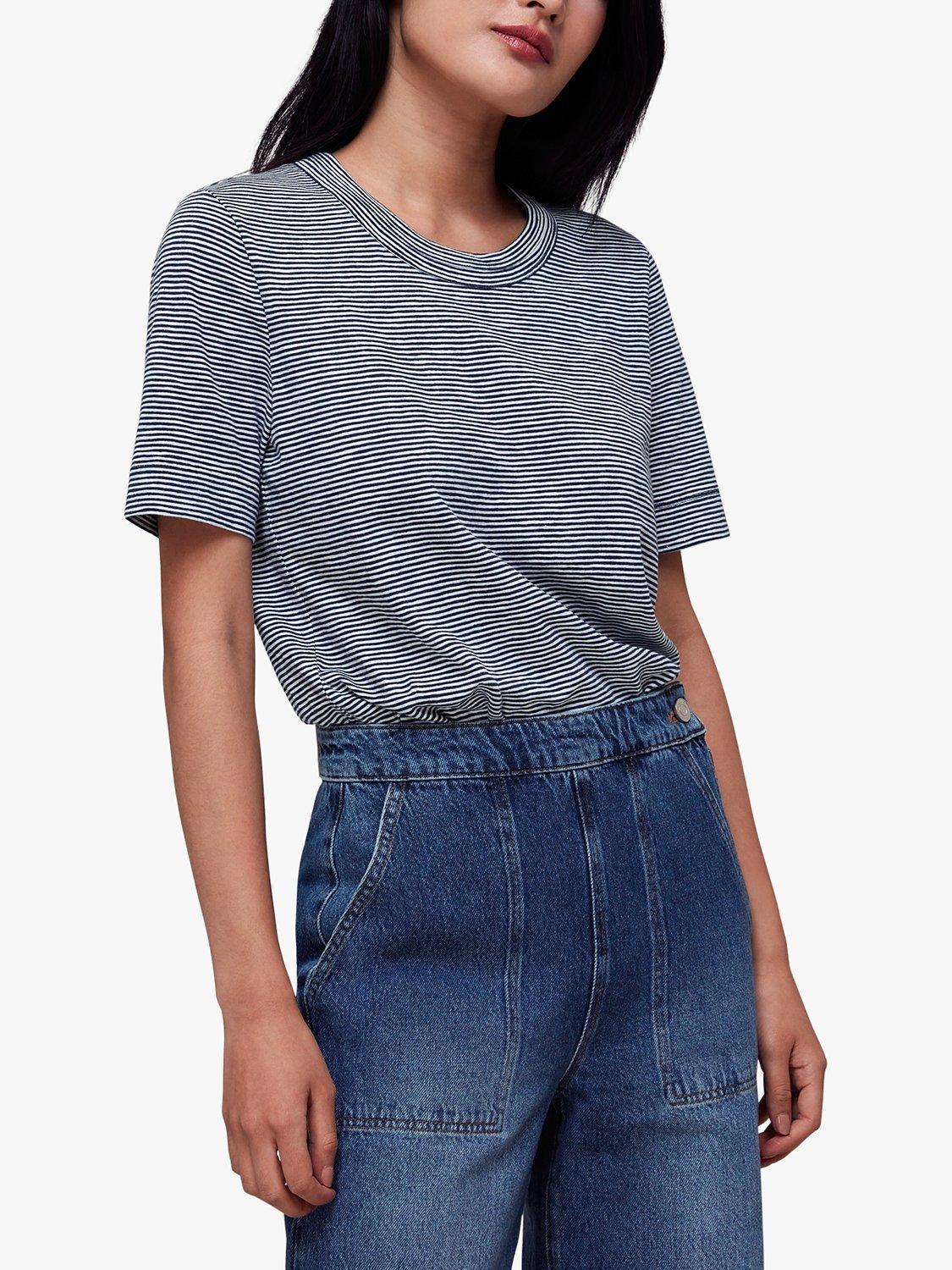 Whistles Rosa Double Trim Striped Cotton T-Shirt, Navy/Multi