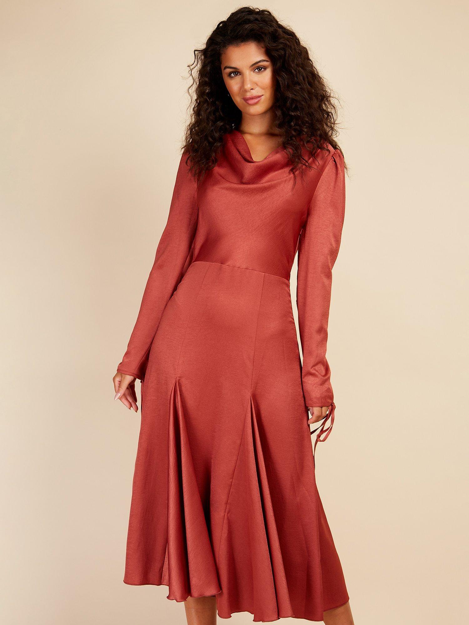 Little Mistress Cowl Neck Satin Midi Dress, Coral Rose