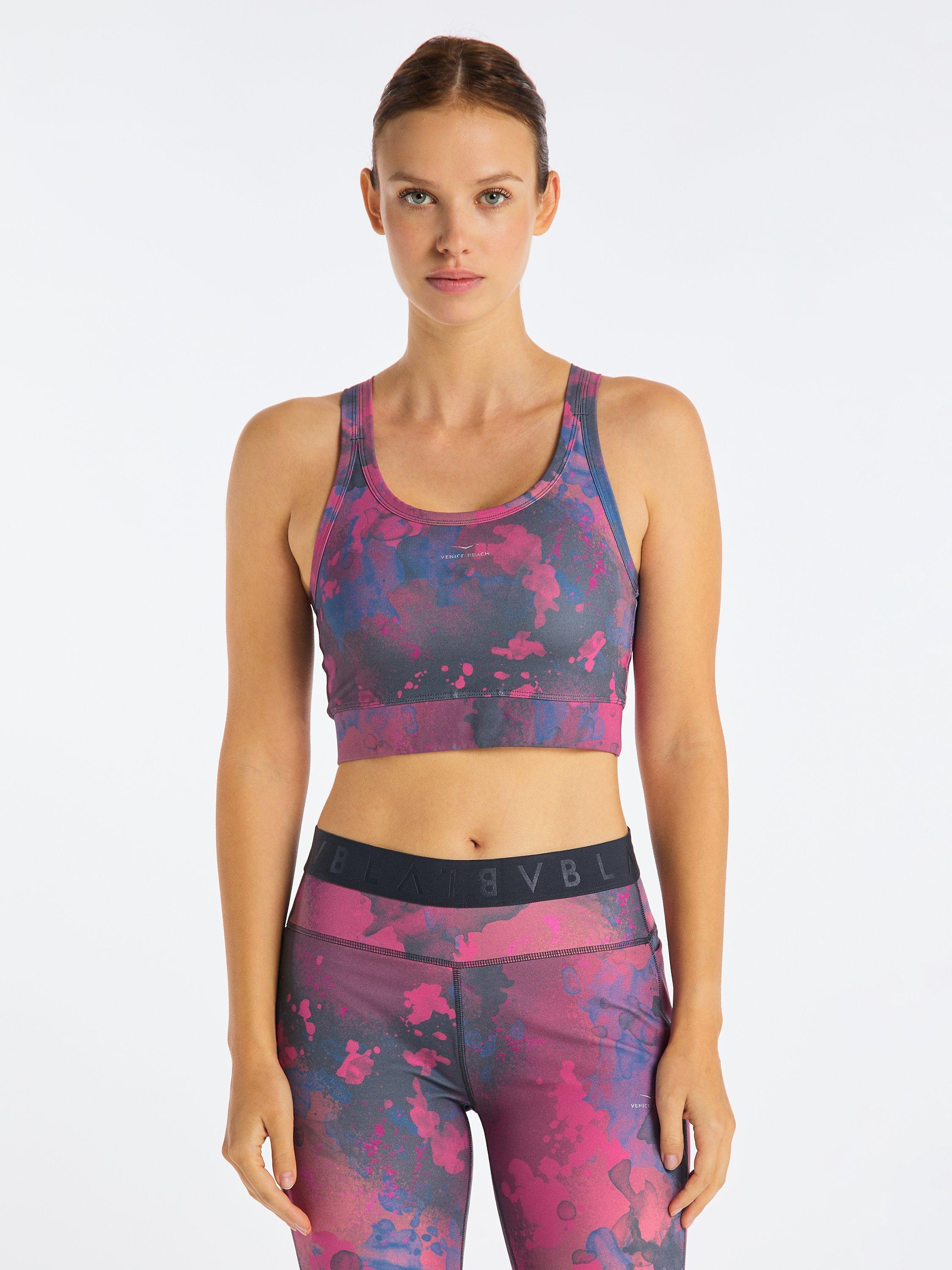 Product image 1 of 7, which shows Venice Beach Violet Medium Impact Sports Bra, Aop Colour Clash, XS