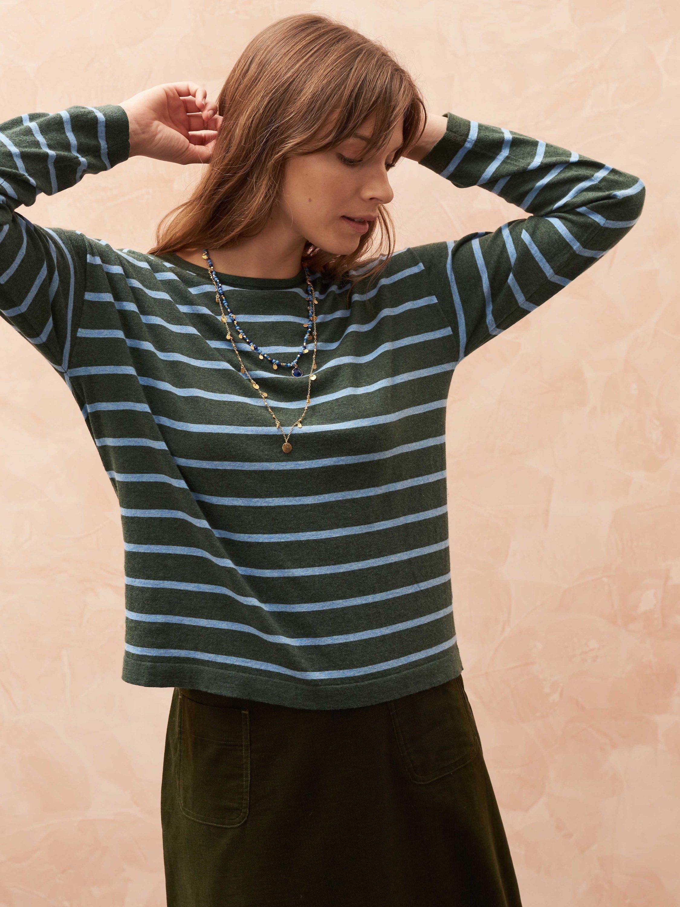 Brora Cotton Breton Stripe Top, Nettle /Sky