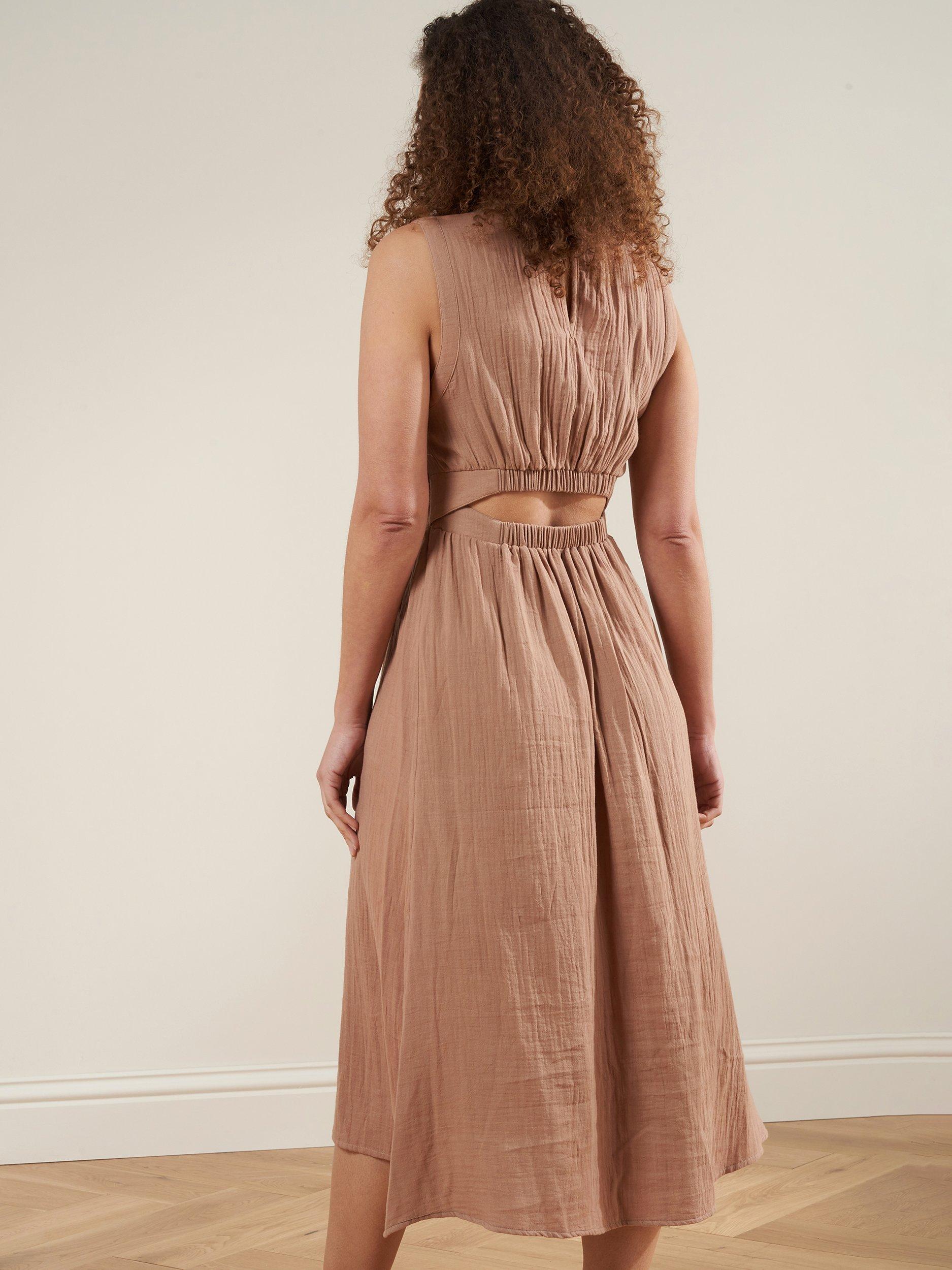 Product image 2 of 4, which shows Truly Cotton Cheesecloth Midi Dress, Camel, S