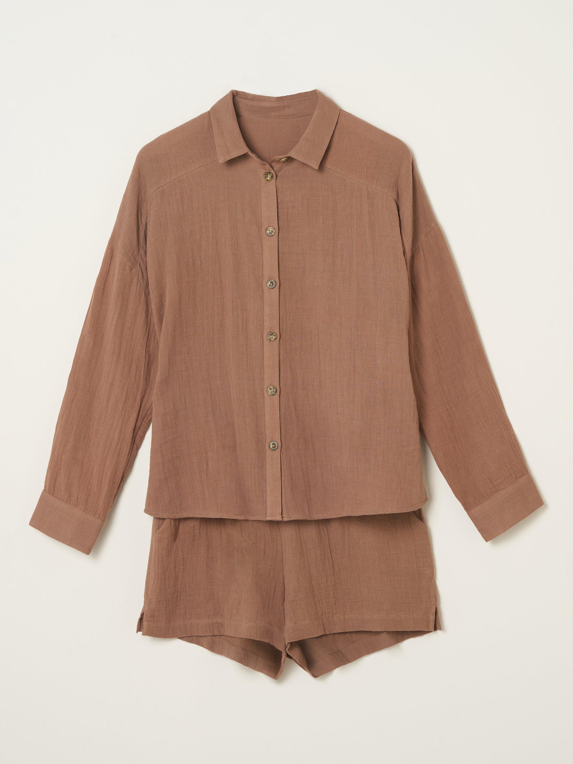 Product image 6 of 6, which shows Truly Cotton Cheesecloth Shirt and Shorts Set, Camel, S