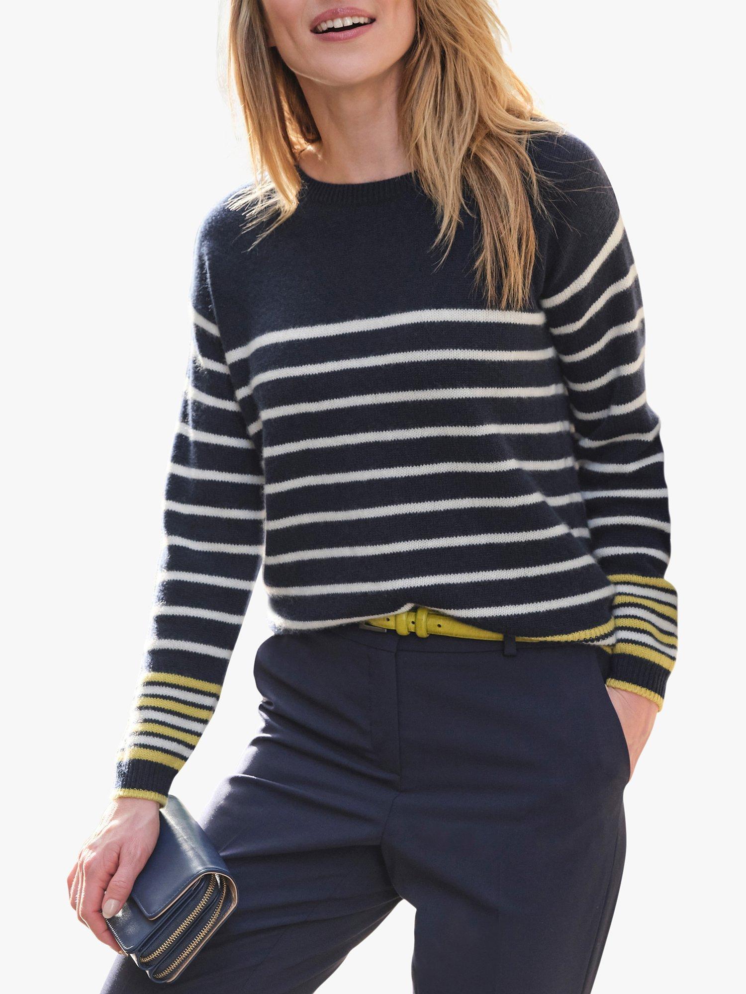 Product image 1 of 3, which shows Pure Collection Nautical Stripe Cashmere Jumper, Navy, 10