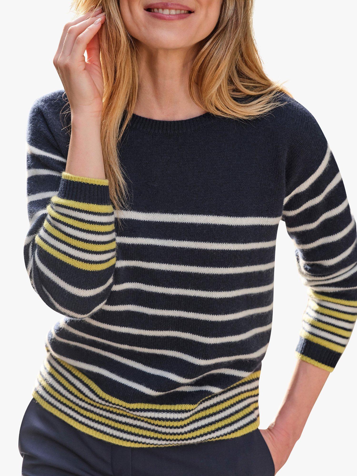 Product image 3 of 3, which shows Pure Collection Nautical Stripe Cashmere Jumper, Navy, 10