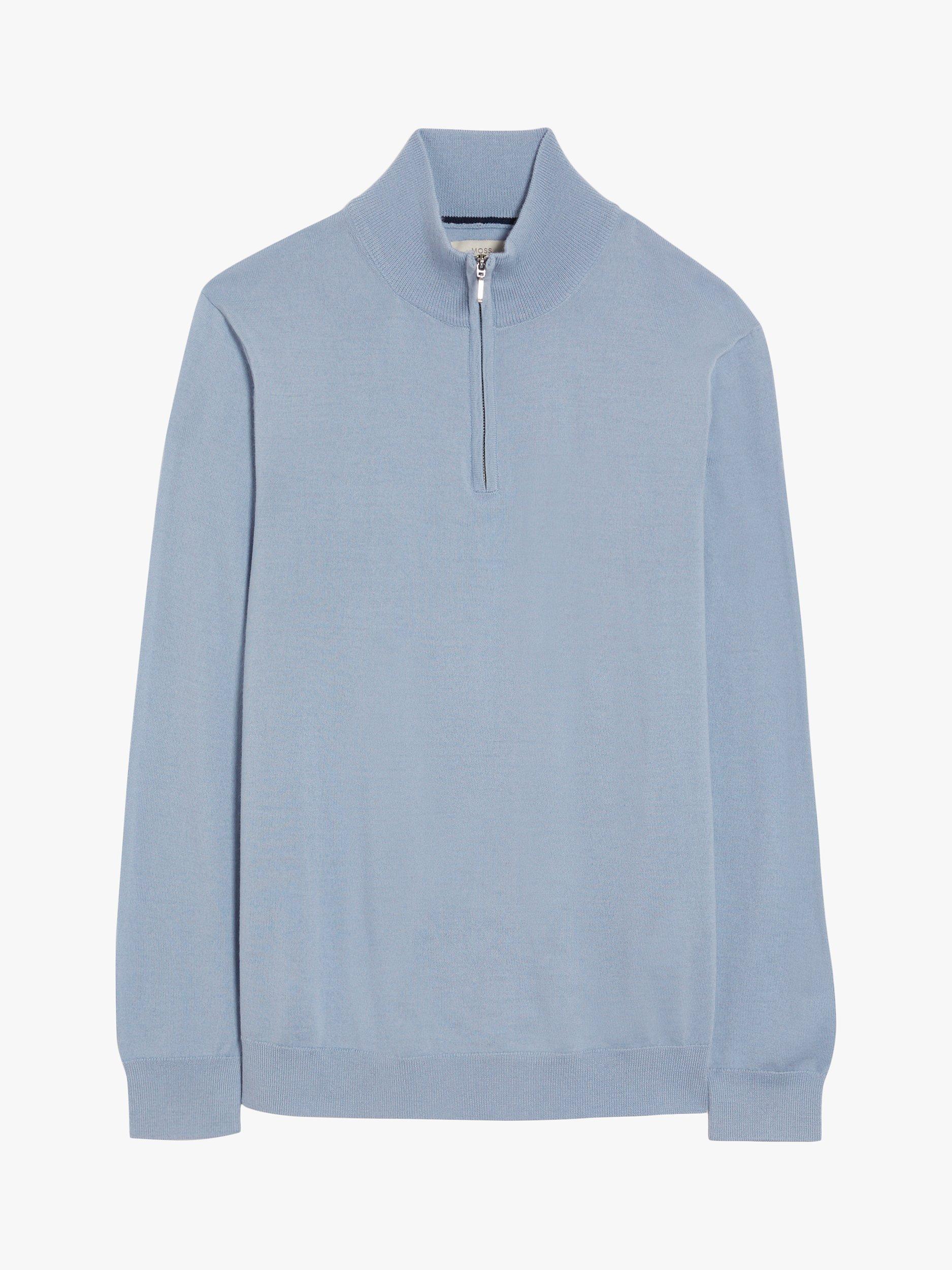 Moss Merino Wool Blend Zip Neck Jumper, Duck Egg