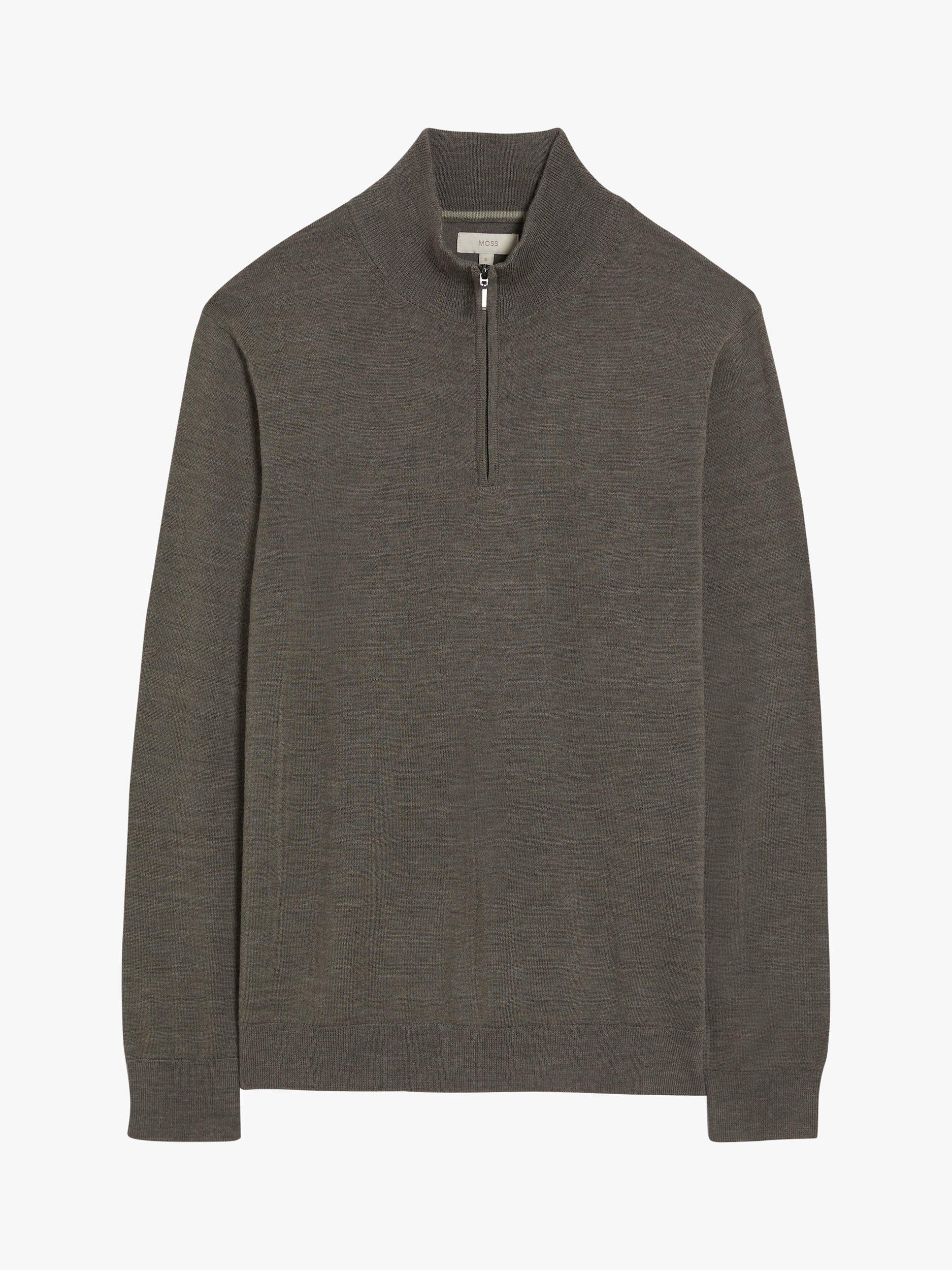 Moss Merino Wool Blend Zip Neck Jumper, Khaki