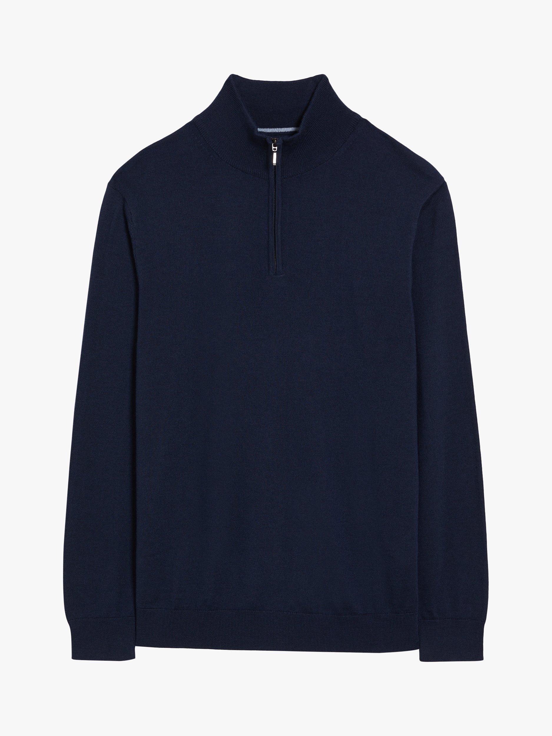 Moss Merino Wool Blend Zip Neck Jumper, Blue