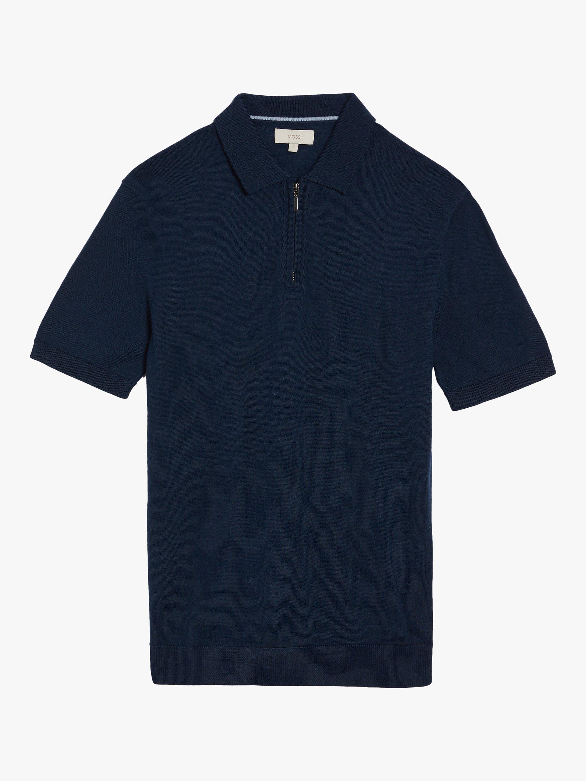 Moss Merino Wool Blend Zip Neck Polo Shirt, Blue