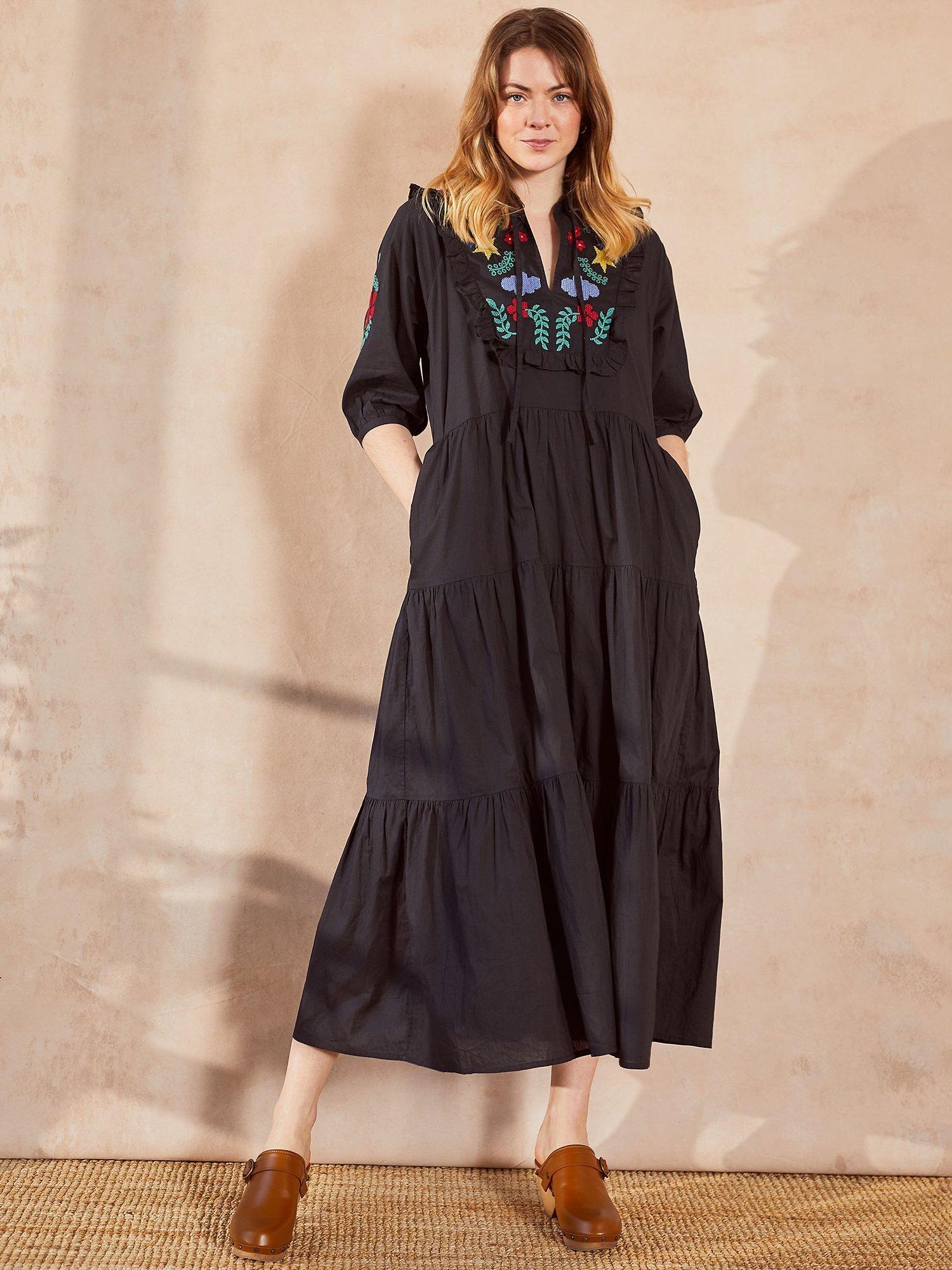 Cape Cove Ocean Embroidered Tiered Cotton Midi Dress, Black