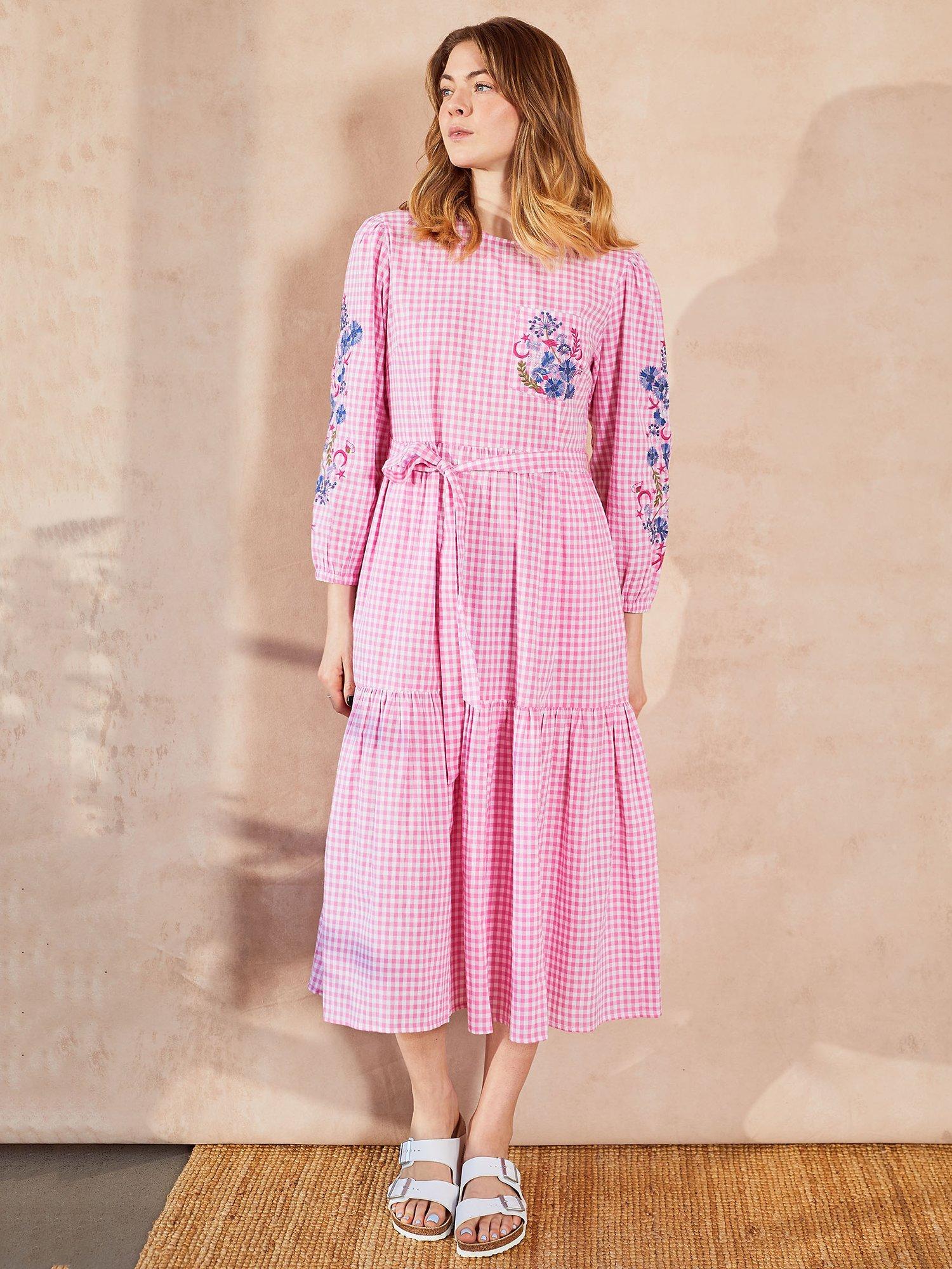 Cape Cove Embroidered Tiered Gingham Dress, Pink