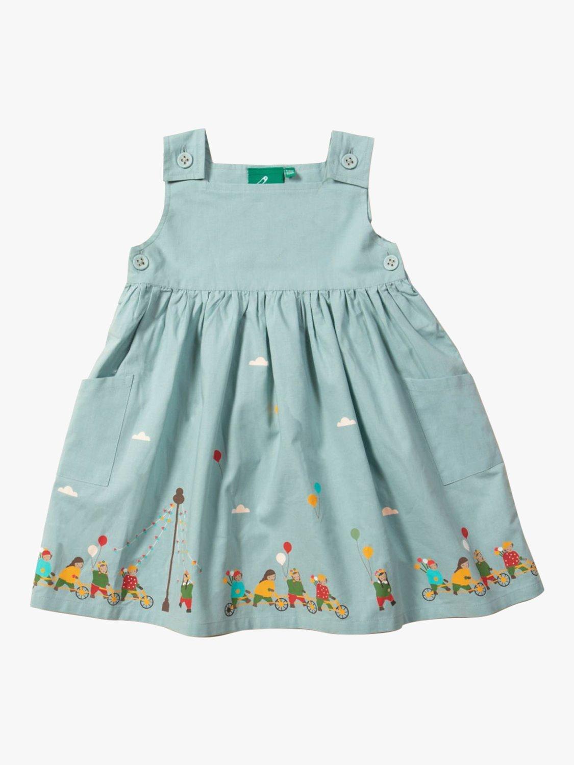 Little Green Radicals Baby Organic Cotton May Day Hem Print Pinny Dress, Duck Egg Blue/Multi