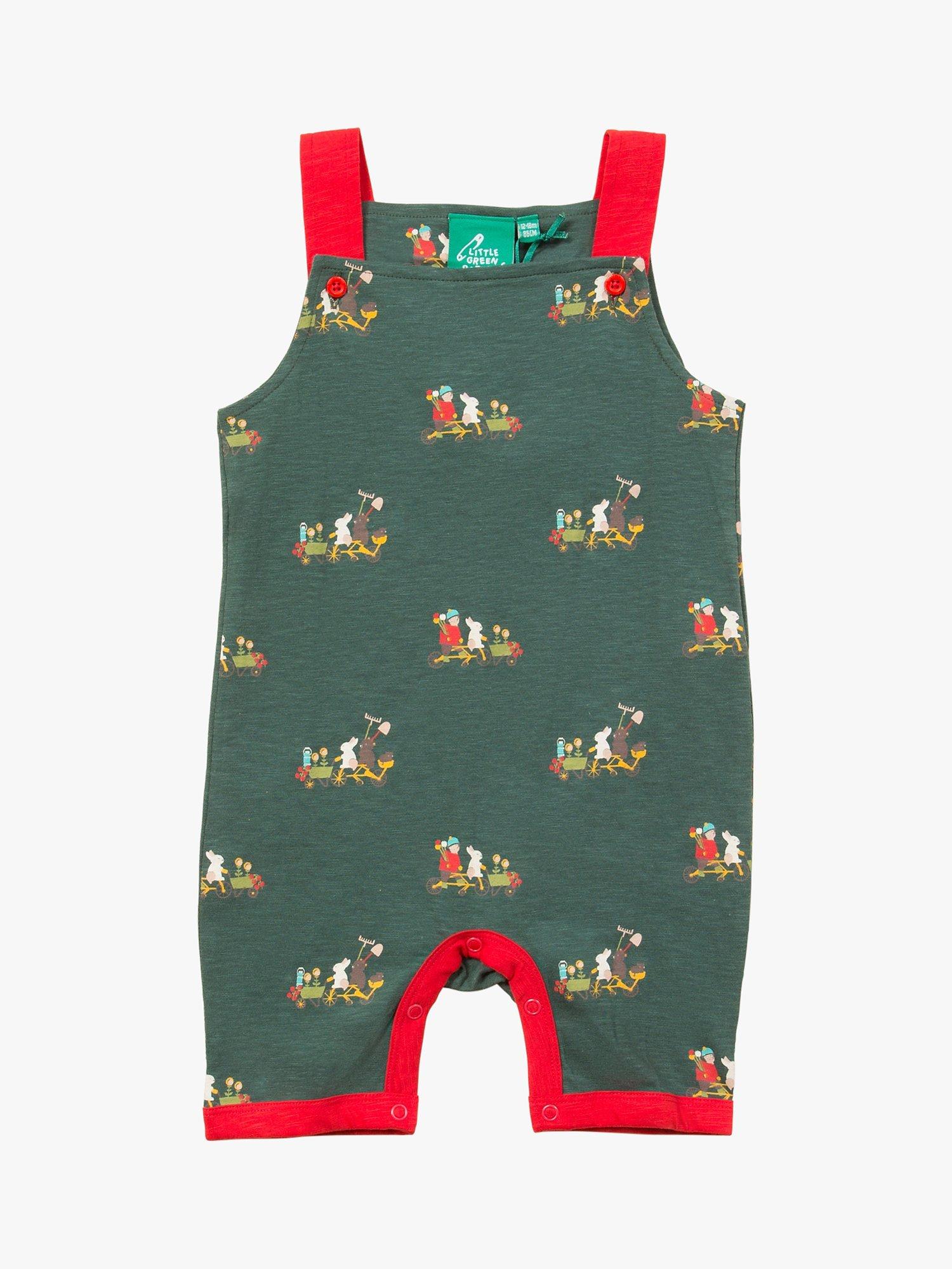Little Green Radicals Baby Organic Cotton Bottom of The Garden Storytime Short Dungarees, Green Khaki/Multi