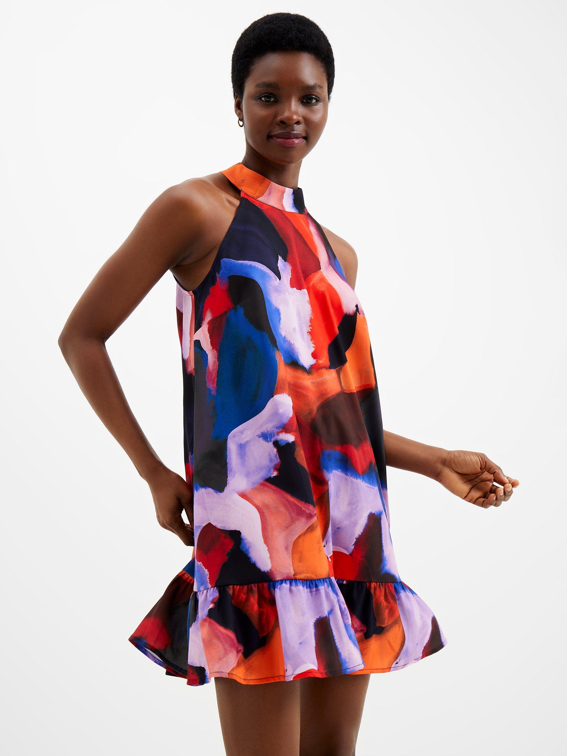 French Connection Isadora Watercolour Print Mini Swing Dress, Cobalt Blue/Multi