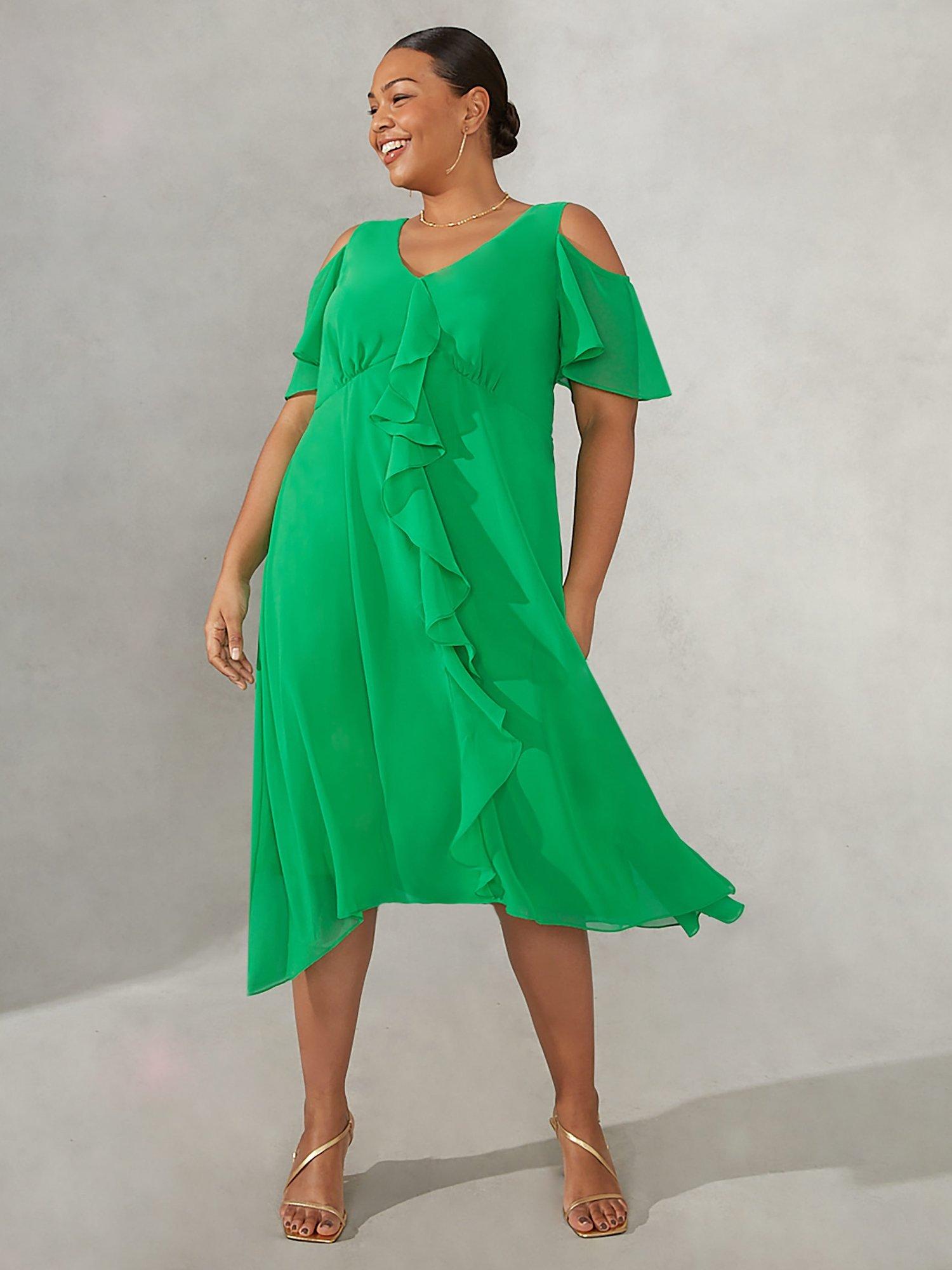 Live Unlimited Curve Ruffle Frill Front Cold Shoulder Dress Green