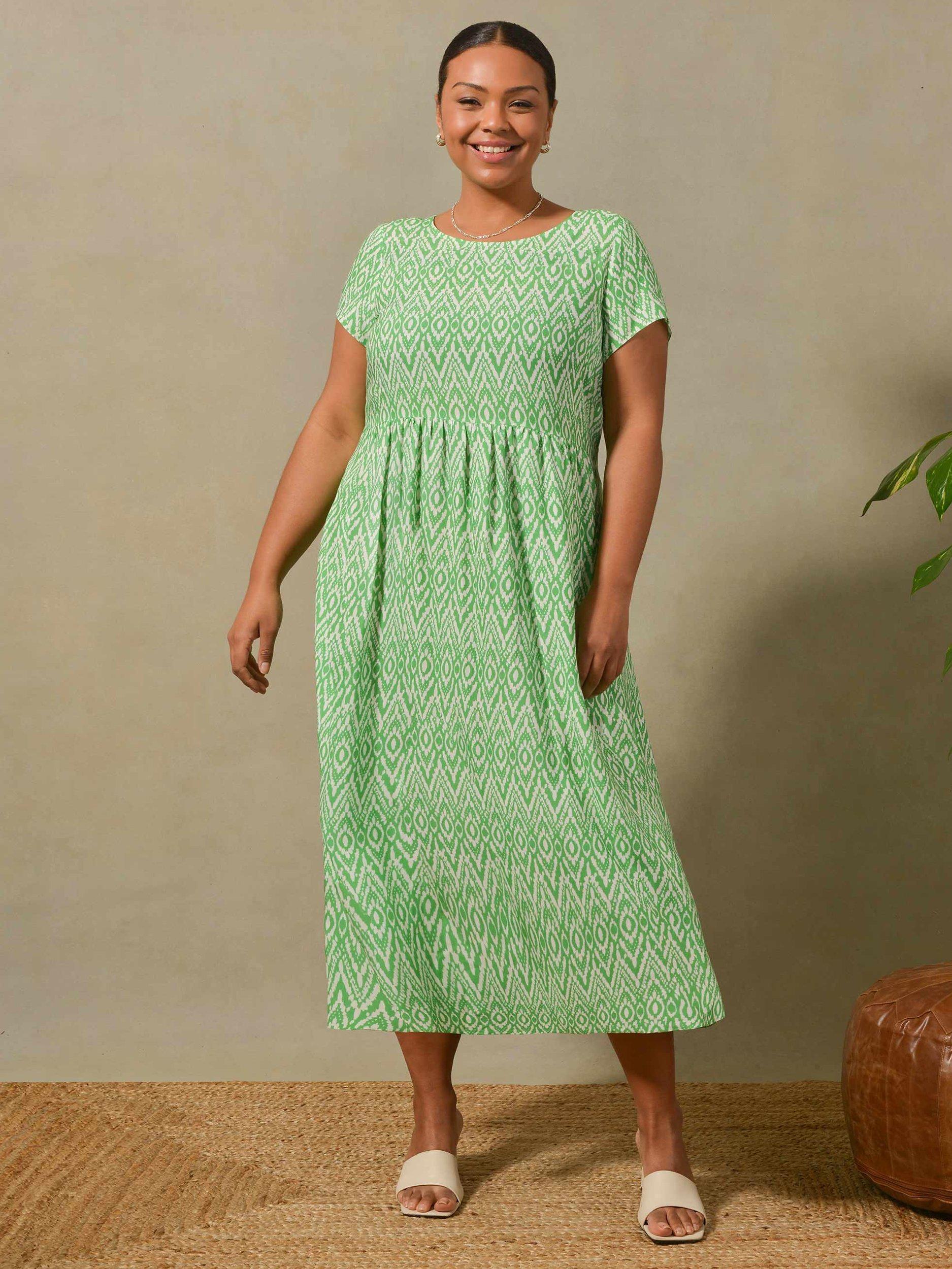 Live Unlimited Aztec Print Short Sleeved Midi Dress, Green