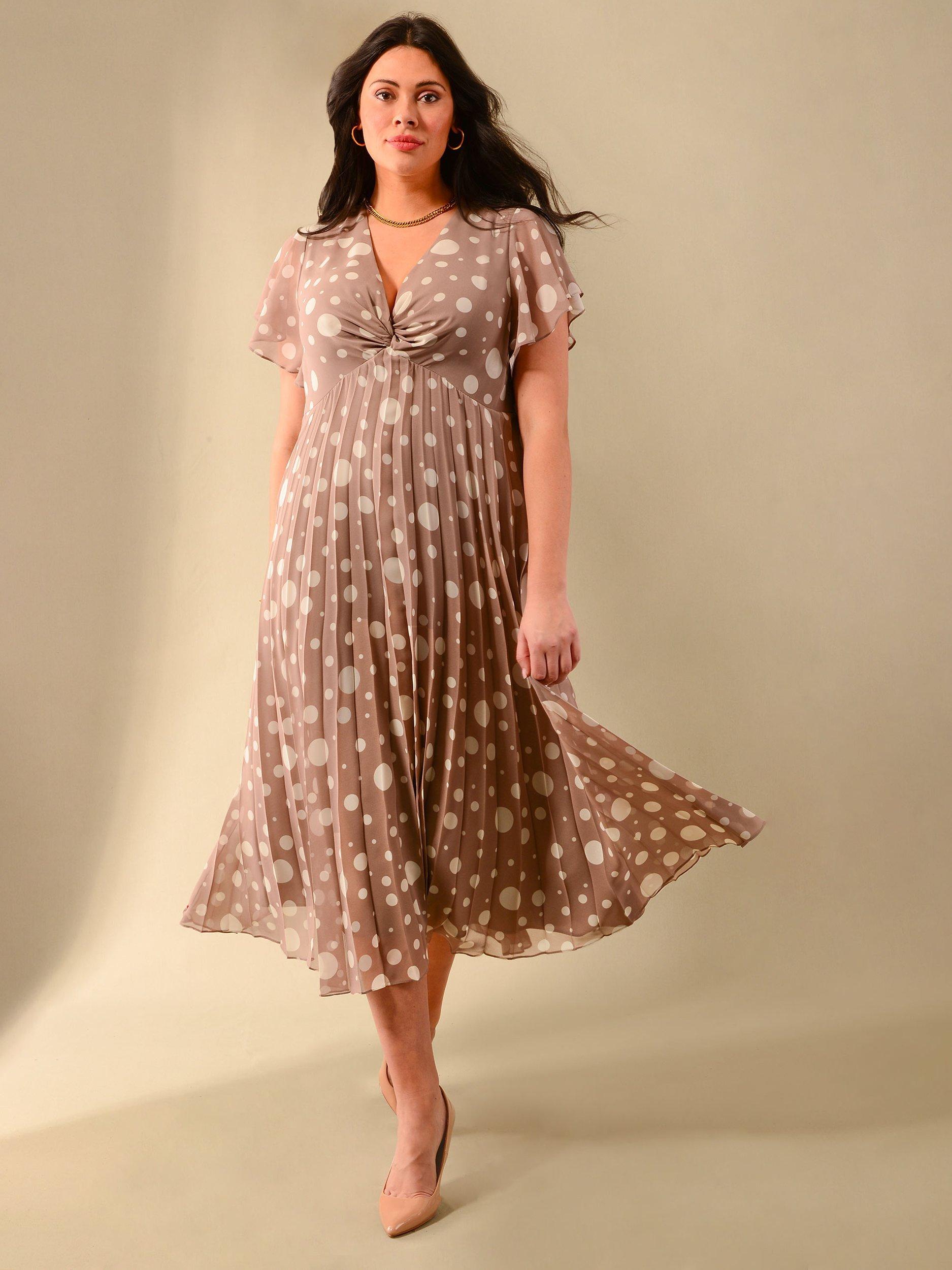 Live Unlimited Curve Spot Knot Front Pleat Midi Dress, Natural/White