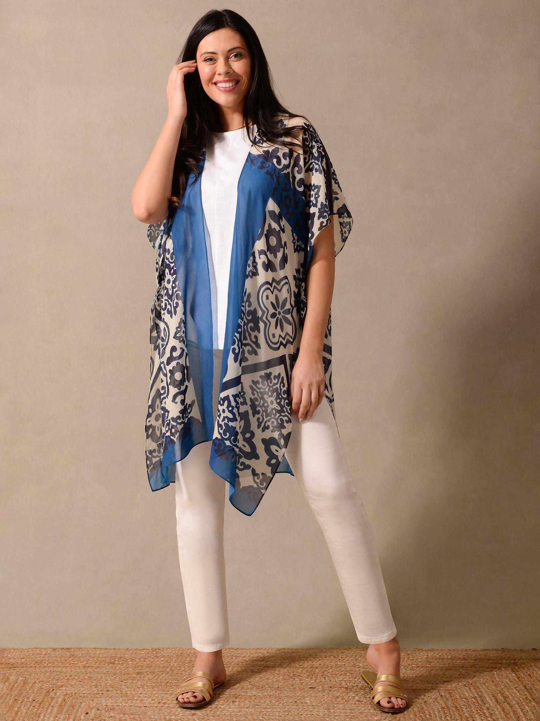 Live Unlimited Floral Placement Print Longline Kimono, Blue/Multi
