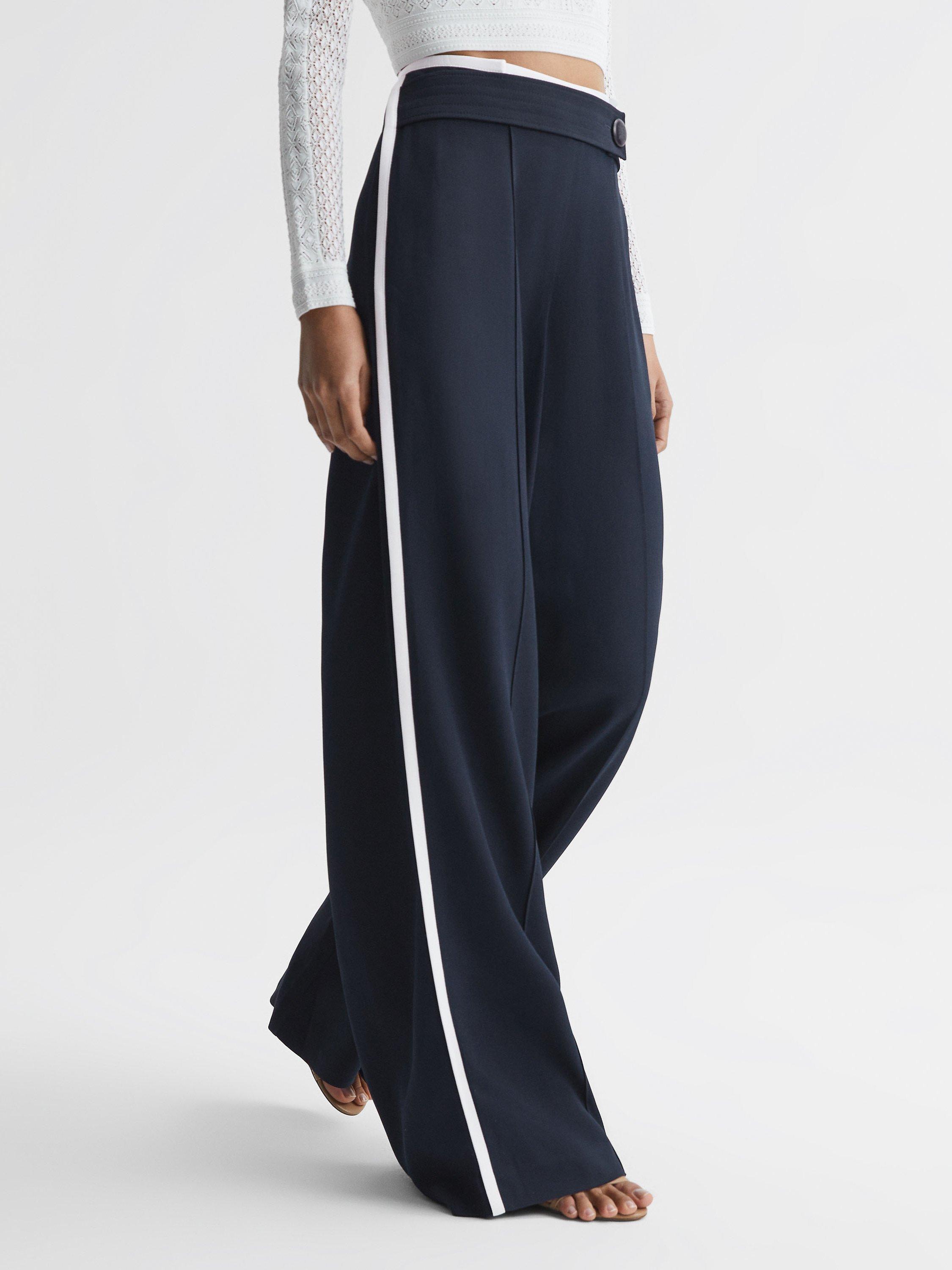 Reiss Petite Lina Button Detail Wide Leg Trousers, Navy