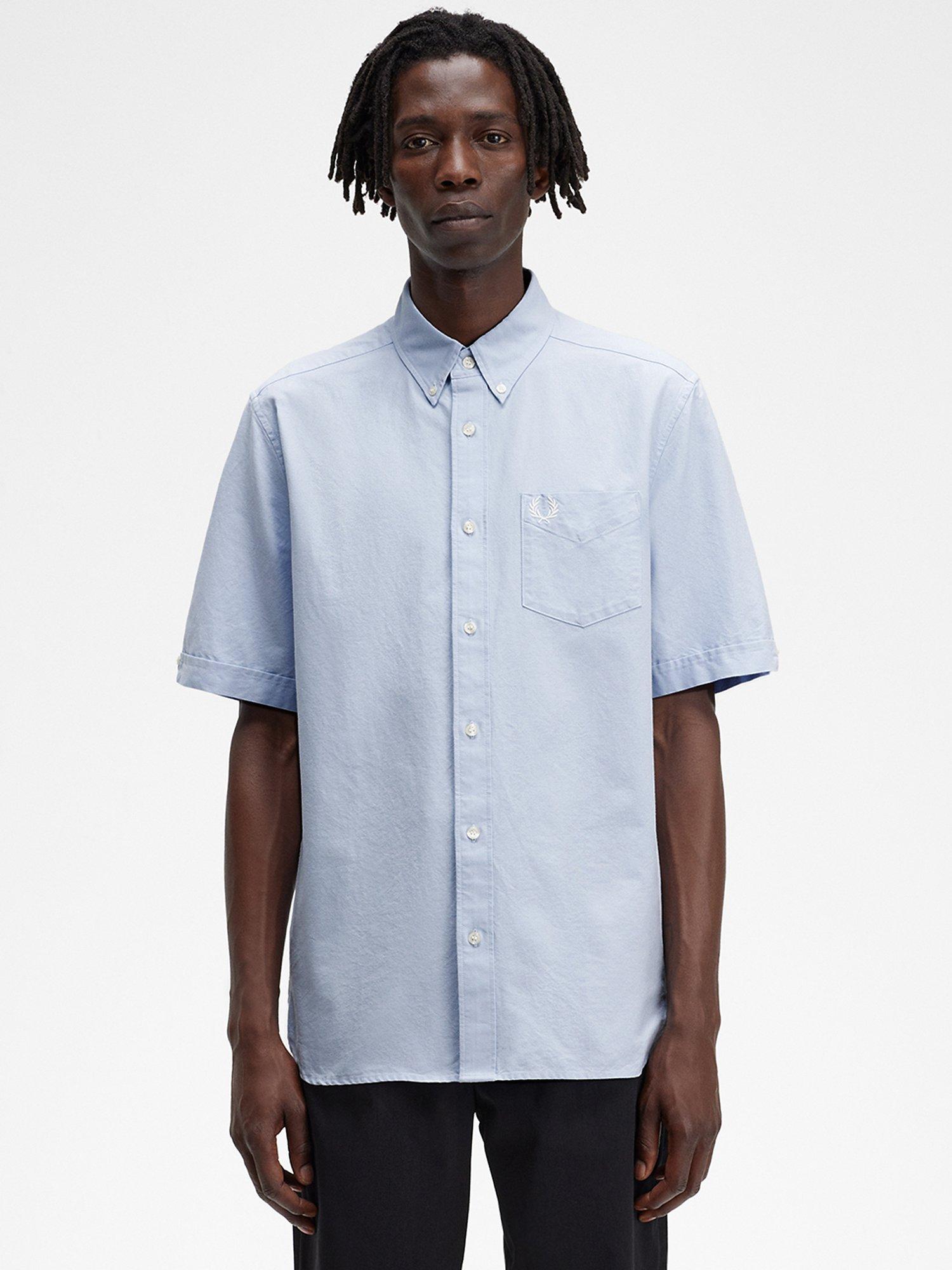 Product image 1 of 6, which shows Fred Perry Cotton Short Sleeve Oxford Shirt, 146 Blue, XXL