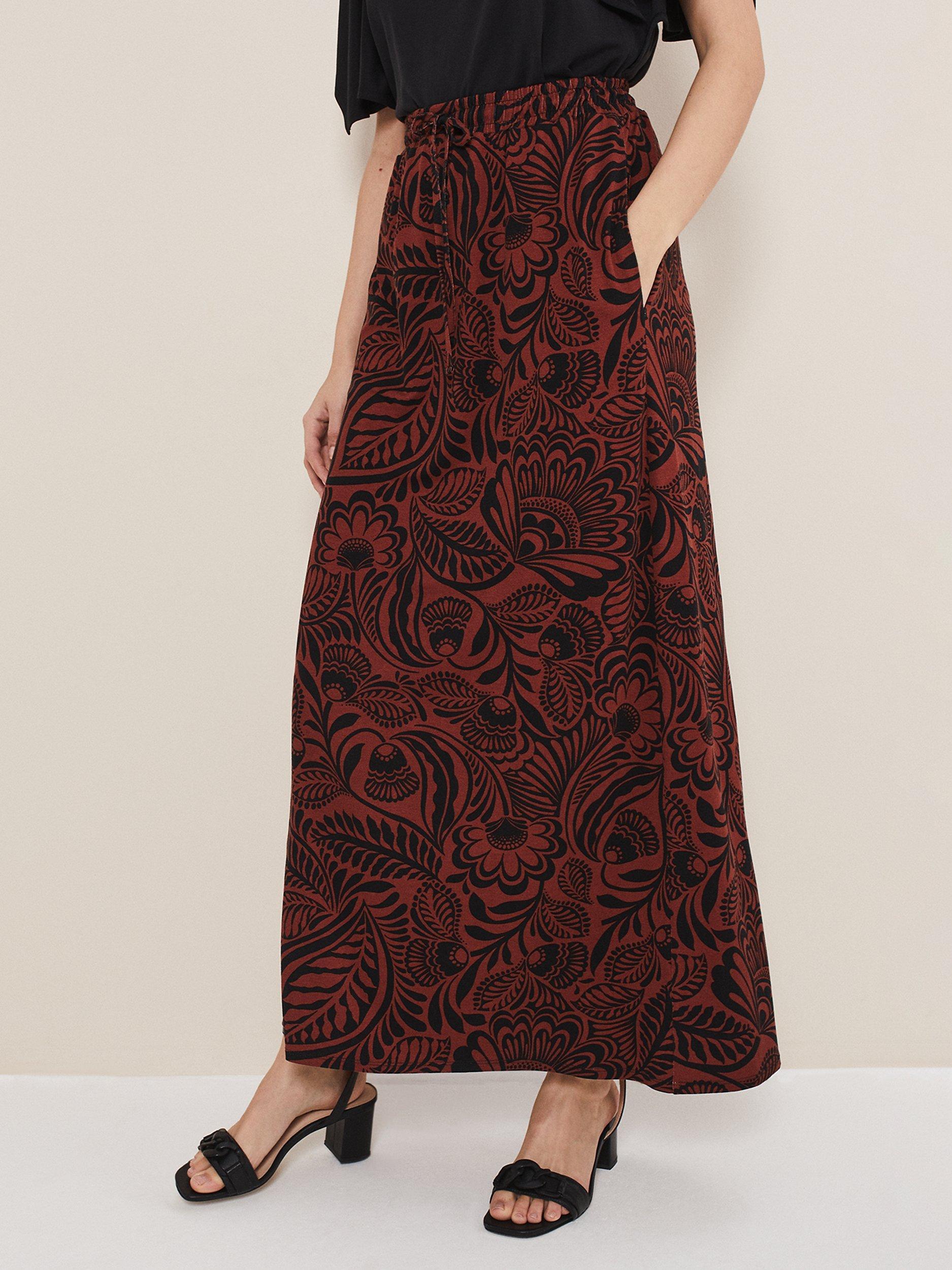 Phase Eight Mara Floral Print Maxi Skirt, Black/Spice
