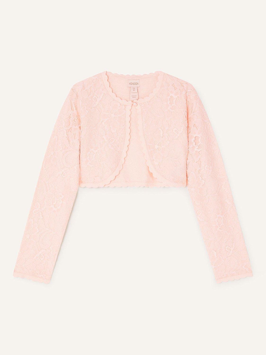 Product image 1 of 3, which shows Monsoon Kids' Lace Cropped Cardigan, Pink, 9-10 years