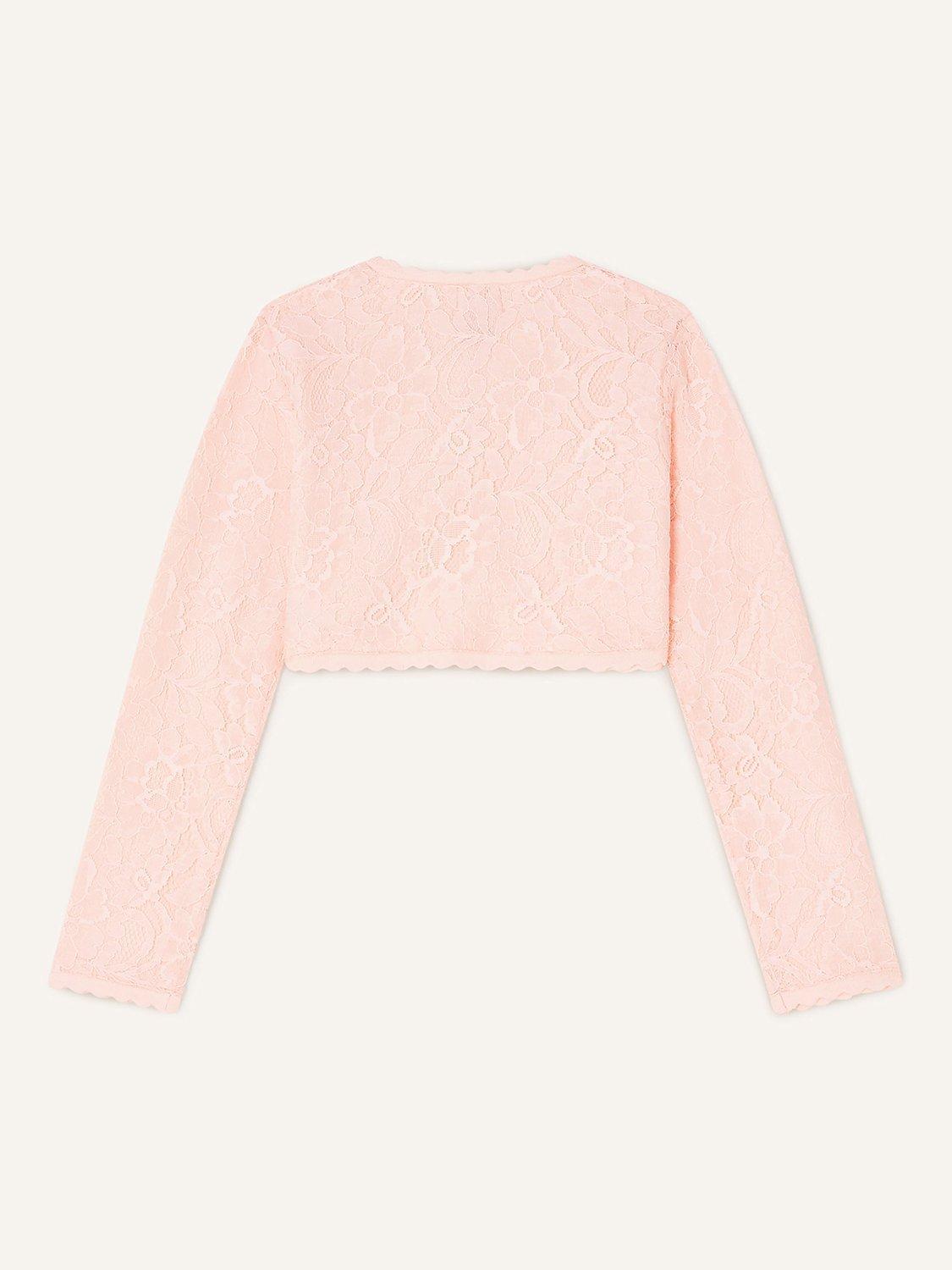 Product image 2 of 3, which shows Monsoon Kids' Lace Cropped Cardigan, Pink, 9-10 years