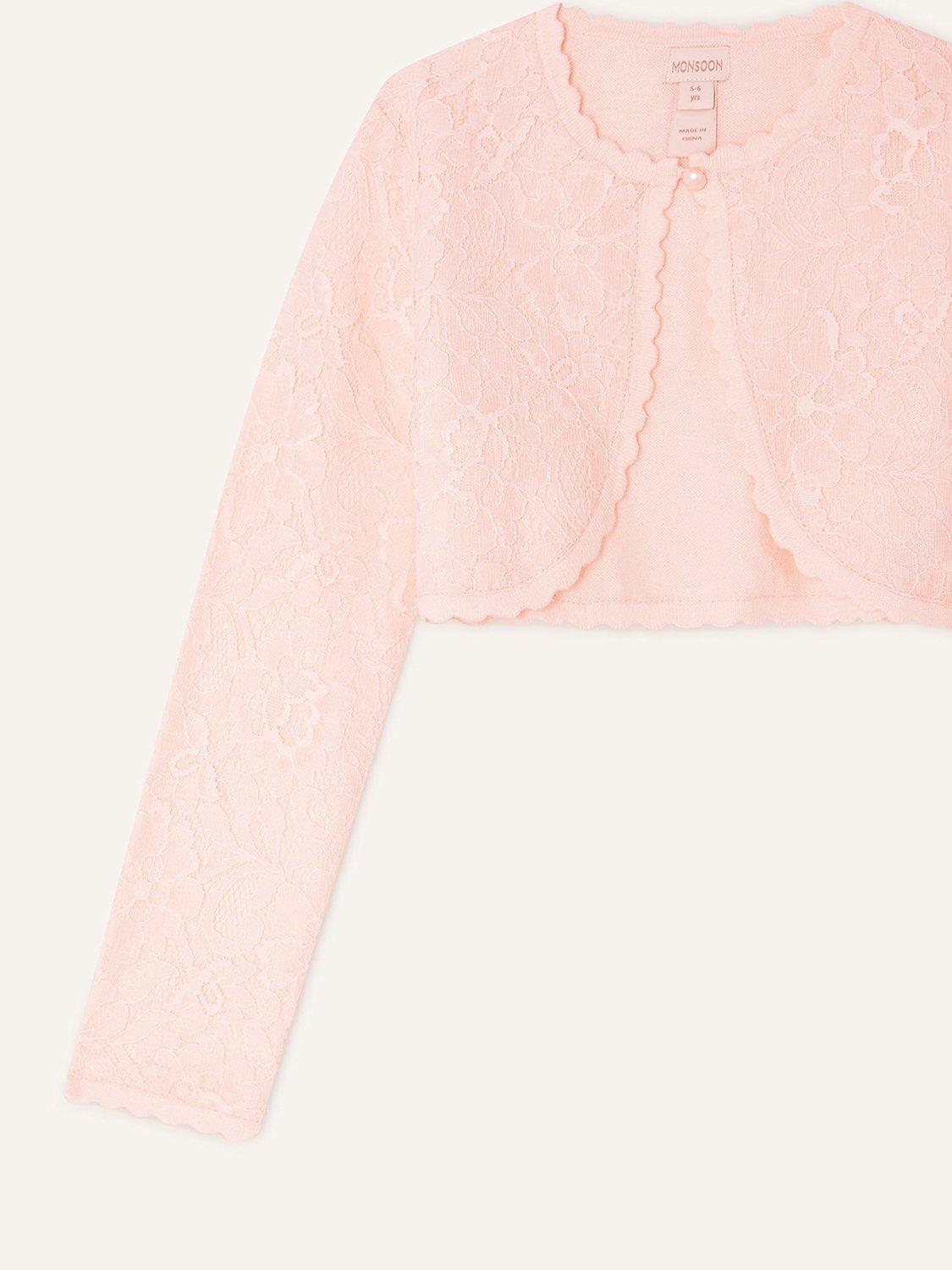 Product image 3 of 3, which shows Monsoon Kids' Lace Cropped Cardigan, Pink, 9-10 years