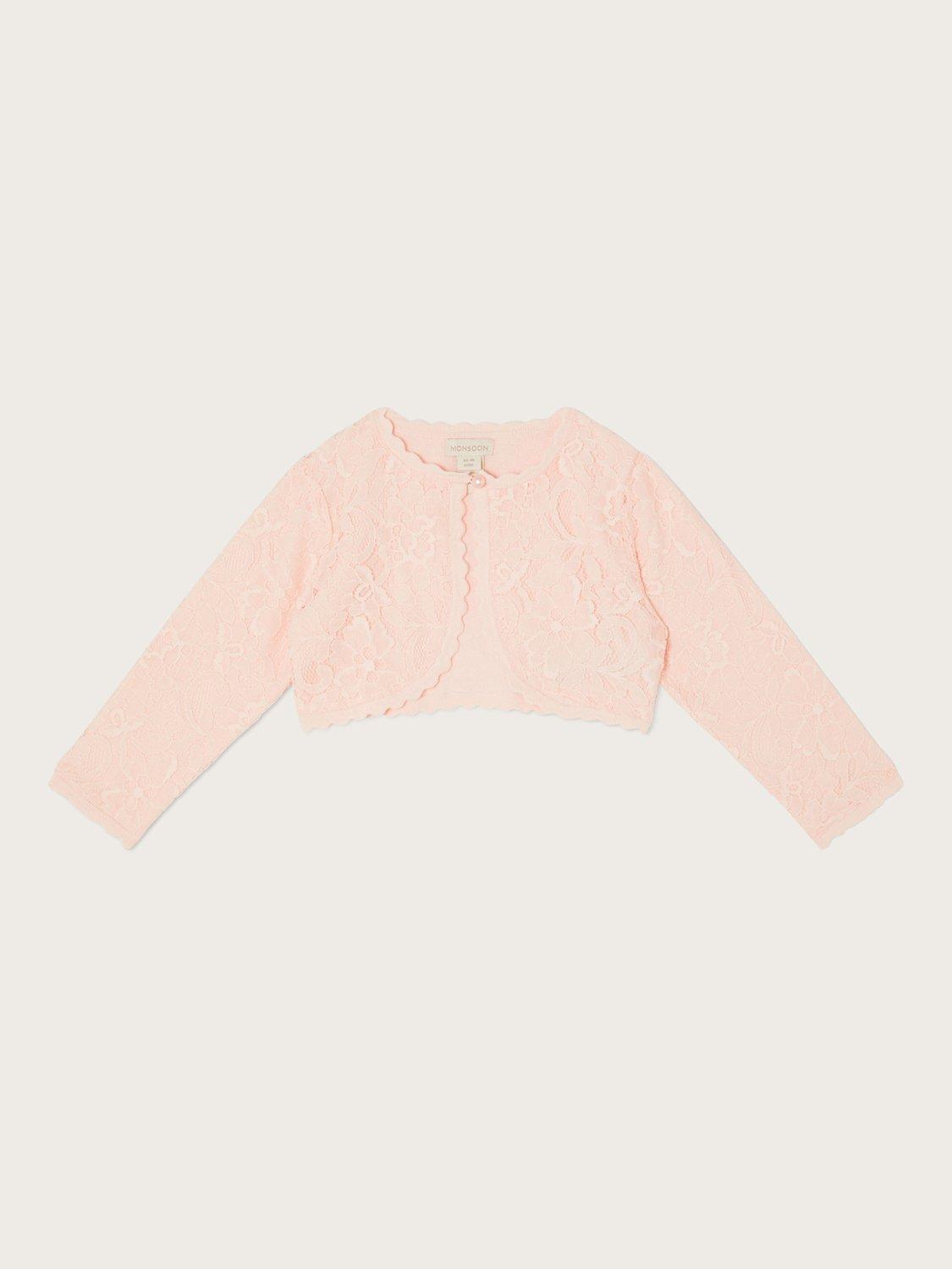 Product image 1 of 3, which shows Monsoon Baby Lace Cardigan, Pink, 6-12 months