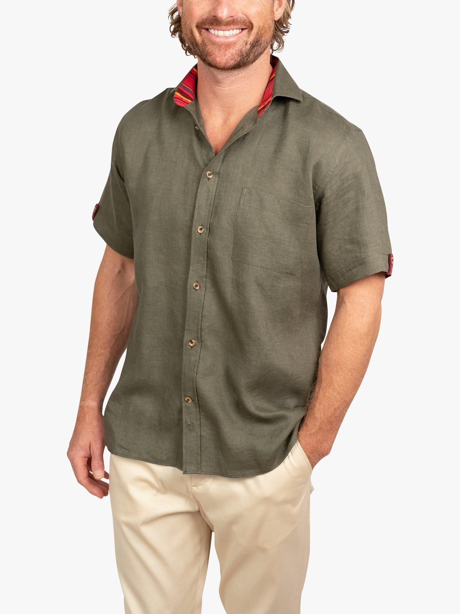 Product image 1 of 9, which shows KOY Short Sleeve Linen Shirt, Green Khaki, S