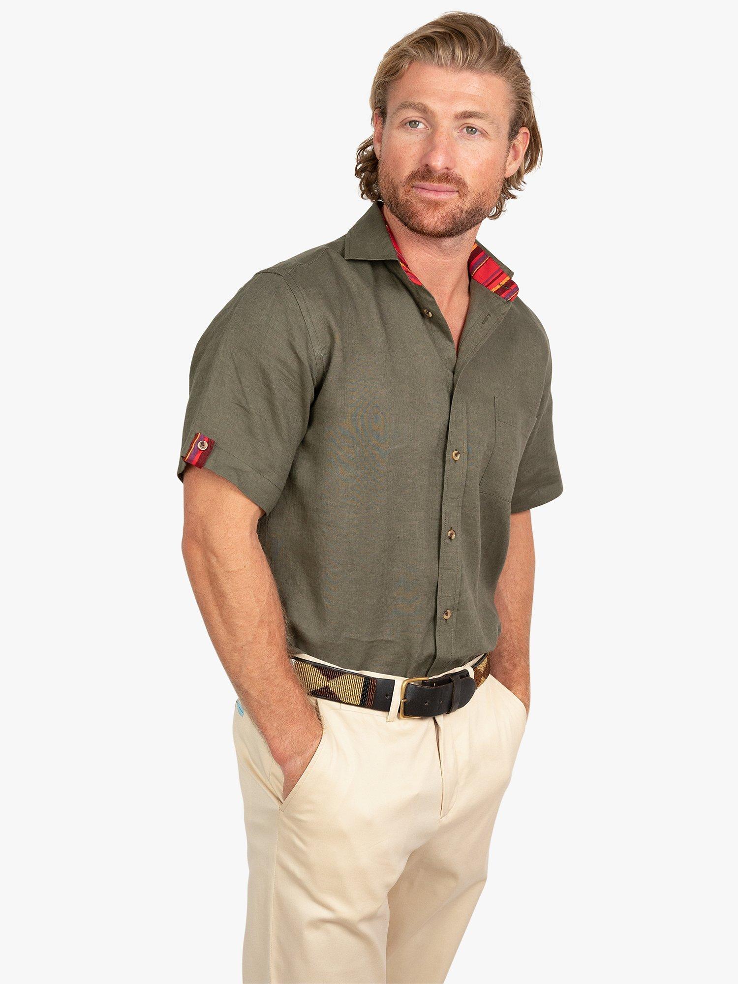 KOY Short Sleeve Linen Shirt, Green Khaki, M