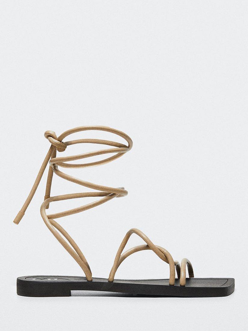 Mango Paula Leather Strappy Flat Sandals, Beige