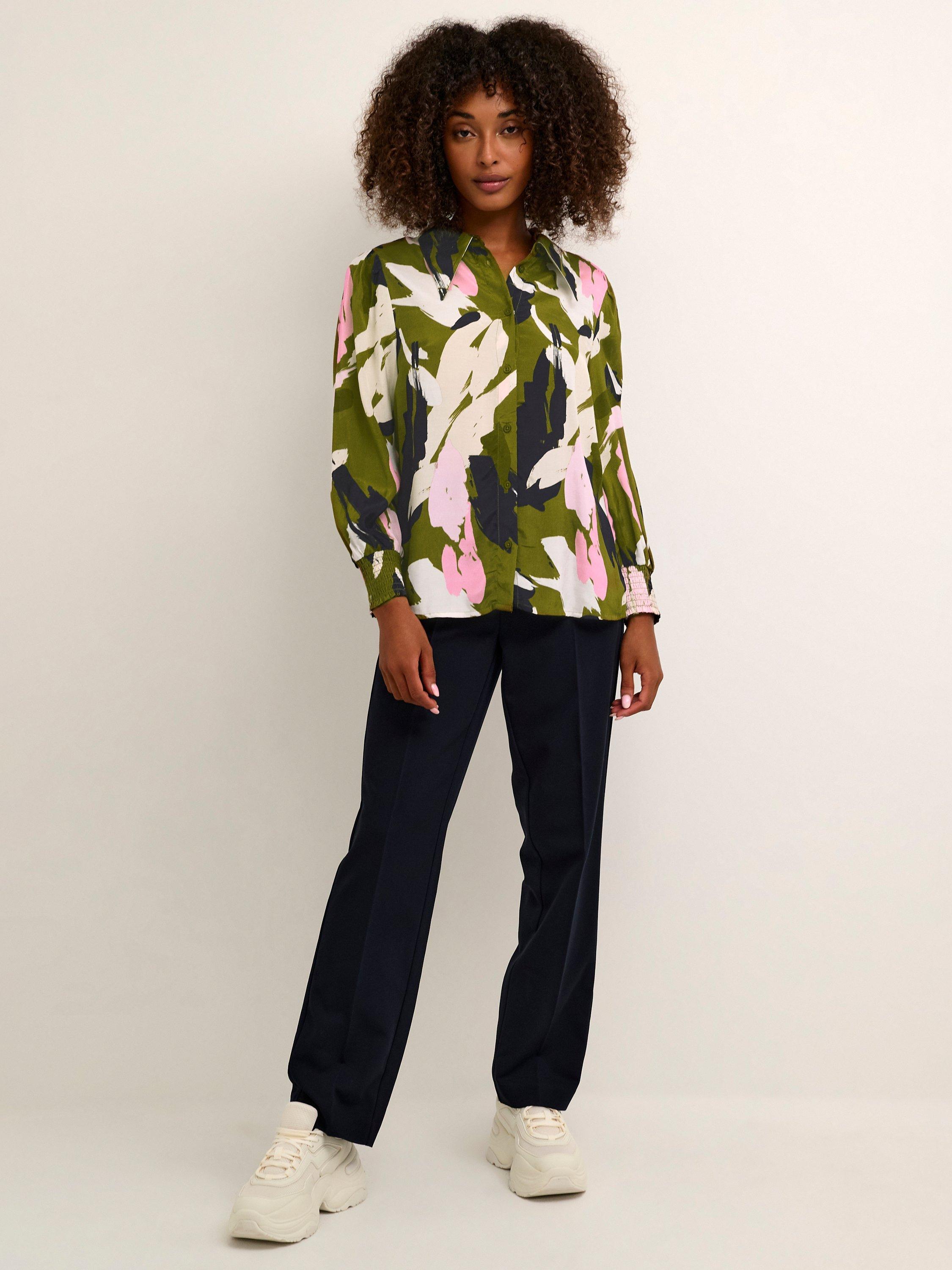 KAFFE Ninna Cropped Sleeve Shirt, Green/Multi, 10