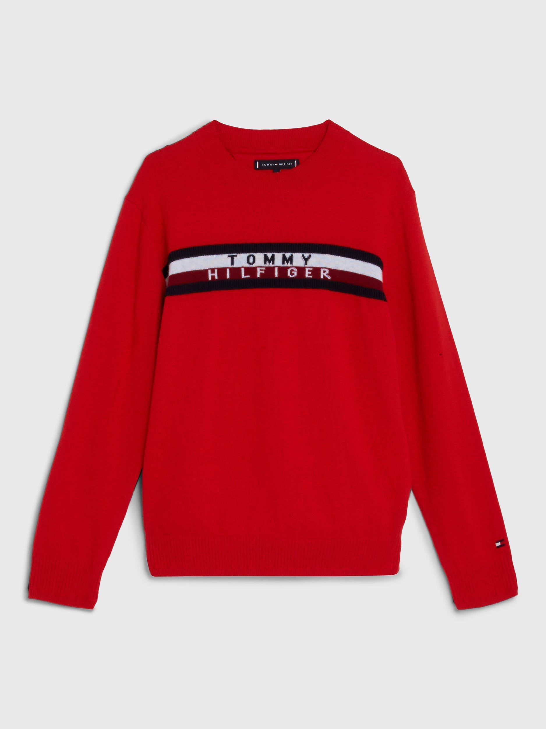Tommy Hilfiger Kids' Crew Neck Stripe Logo Jumper, Deep Crimson