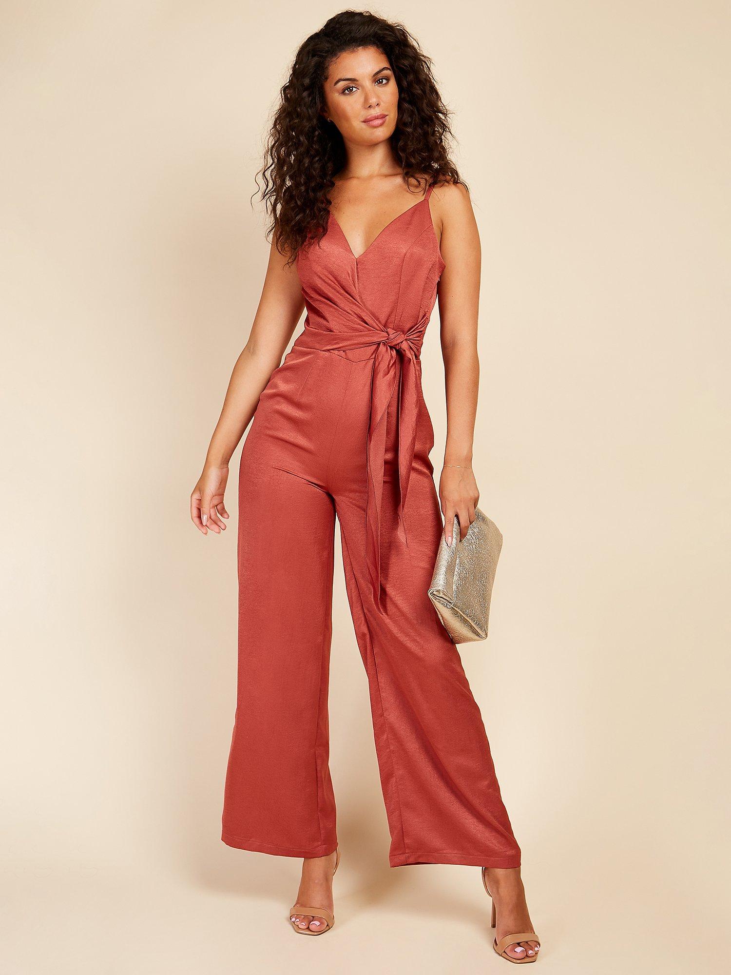 Product image 3 of 4, which shows Little Mistress Satin Asymmetric Neck Jumpsuit, Coral Rose, 6