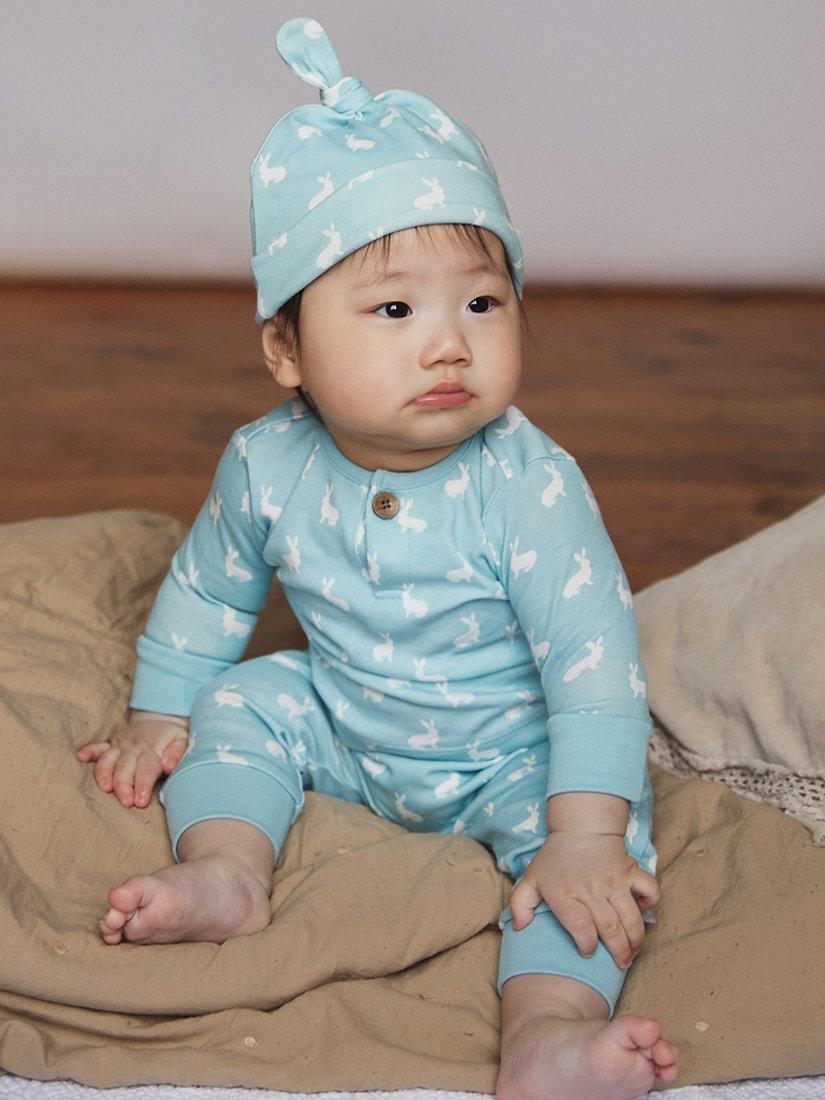 Product image 1 of 4, which shows The Little Tailor Baby Hare Print Jersey Hat, Blue, 6 months