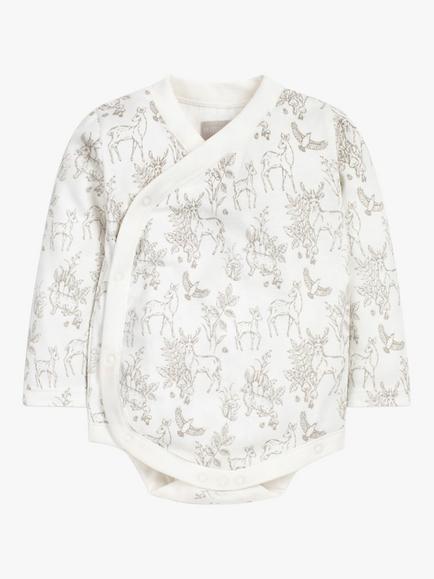 The Little Tailor Baby Woodland Print Bodysuit, White