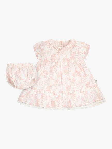 The Little Tailor Baby Muslin Dress and Bloomers Set, Pink Woodland, Pink Woodland