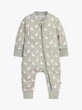 The Little Tailor Baby Hare Print Zip-Through Sleepsuit, Grey