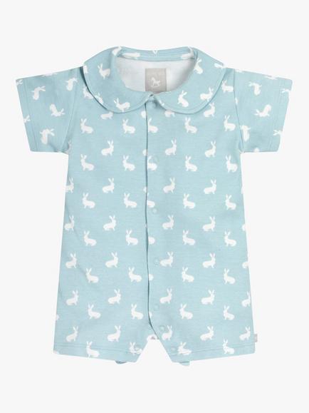 The Little Tailor Baby Hare Print Jersey Shorty Romper - view 2, Blue