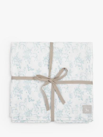 The Little Tailor Large Muslin Blanket, 112 x 112cm, Blue Woodland