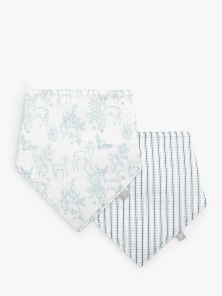 The Little Tailor Baby Muslin Bibs, Pack of 2, Blue Ticking Stripe/Woodland