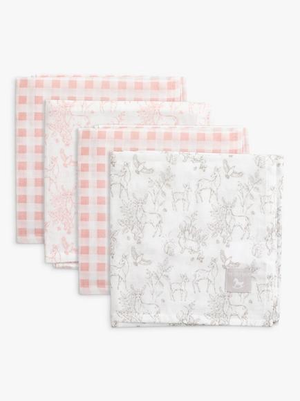 The Little Tailor Mixed Pattern Muslin Cloths, Pack of 4, Pink Woodland