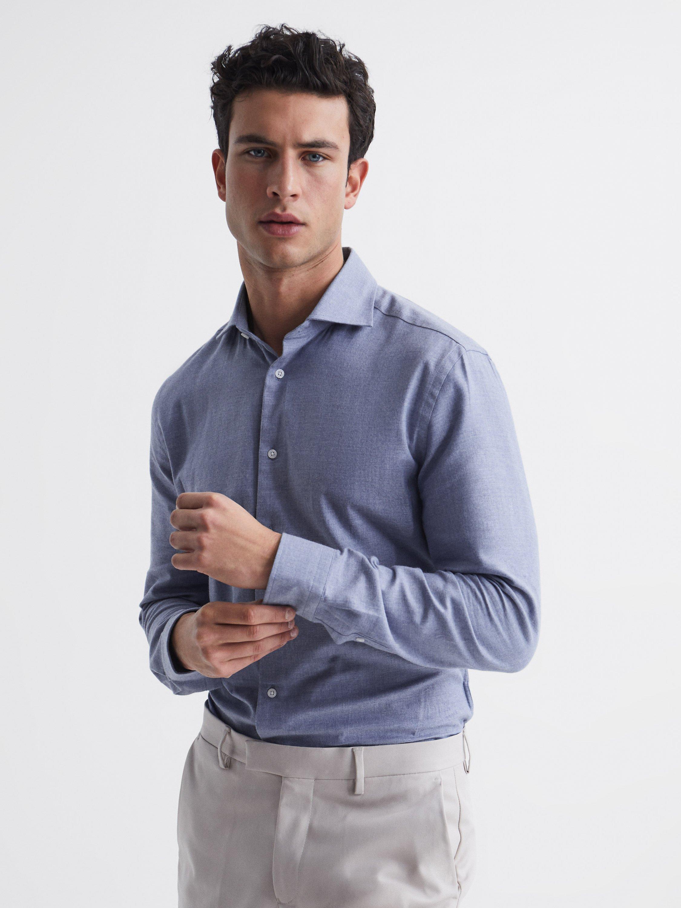 Reiss Belief Regular Fit Flannel Cotton Shirt, Soft Blue