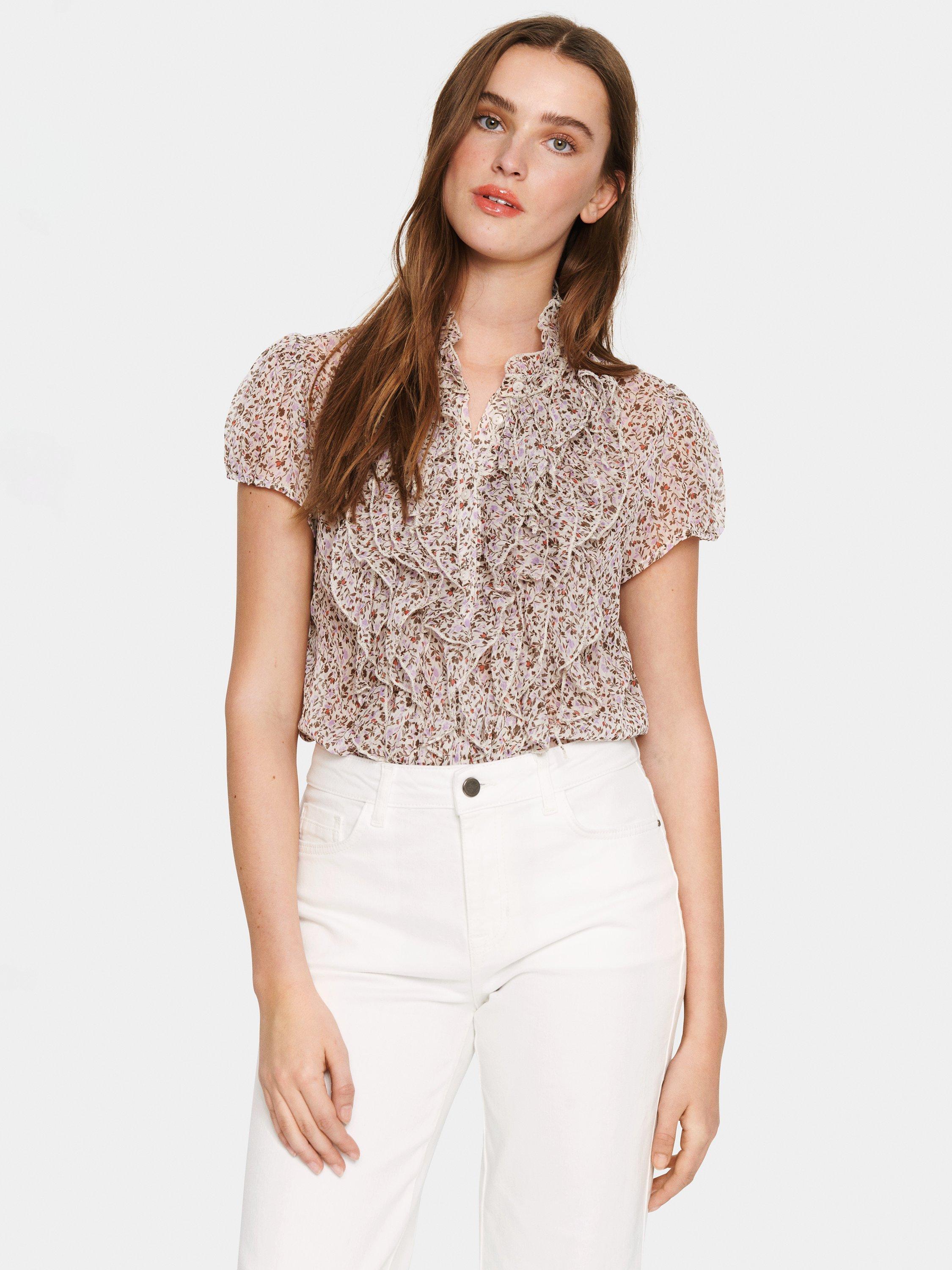 Saint Tropez Lilja Crinkle Short Sleeve Blouse, Beige/Multi