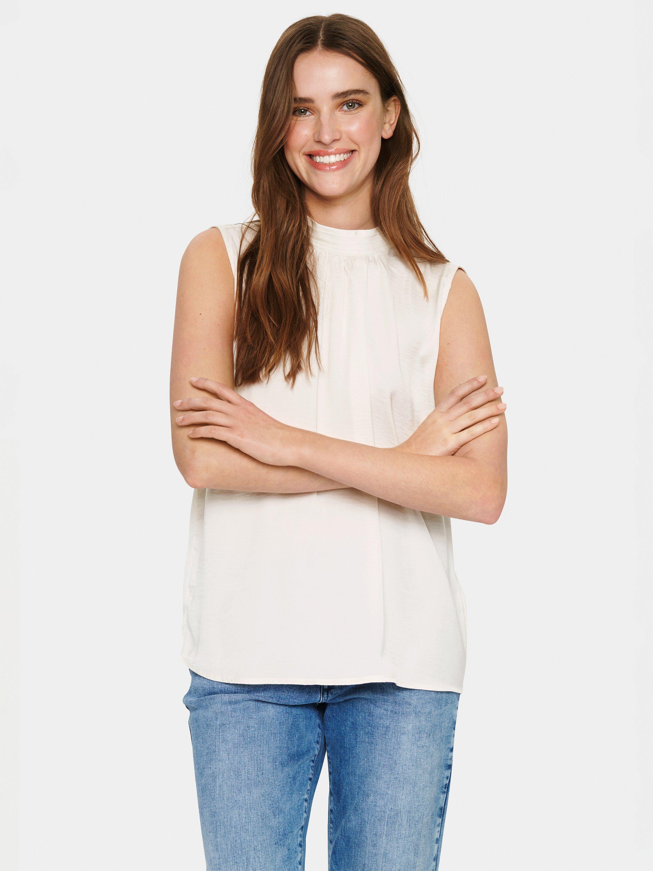 Product image 1 of 6, which shows Saint Tropez Aileen Sleeveless Satin High Neck Top, Ice, L