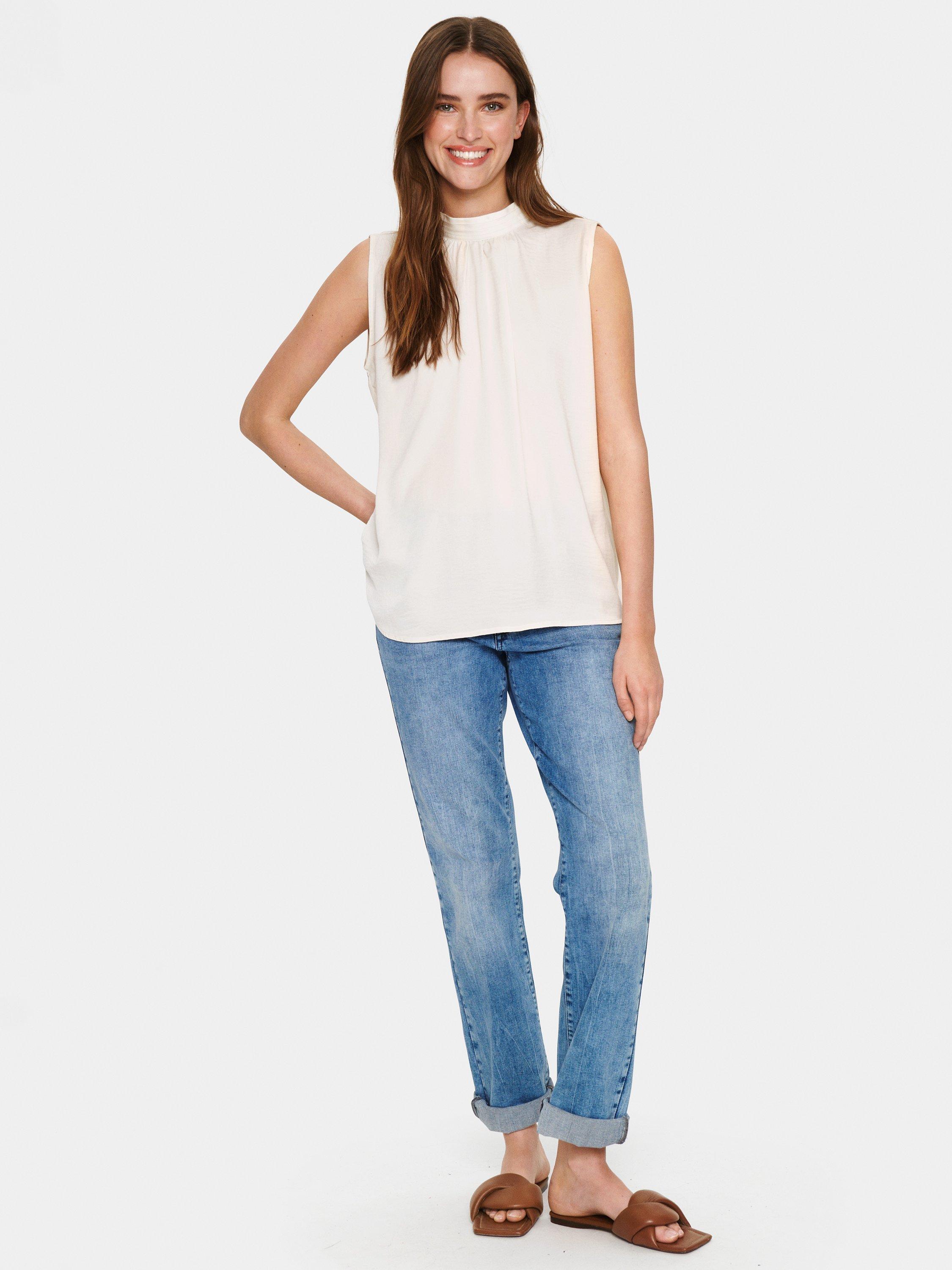 Product image 3 of 6, which shows Saint Tropez Aileen Sleeveless Satin High Neck Top, Ice, L