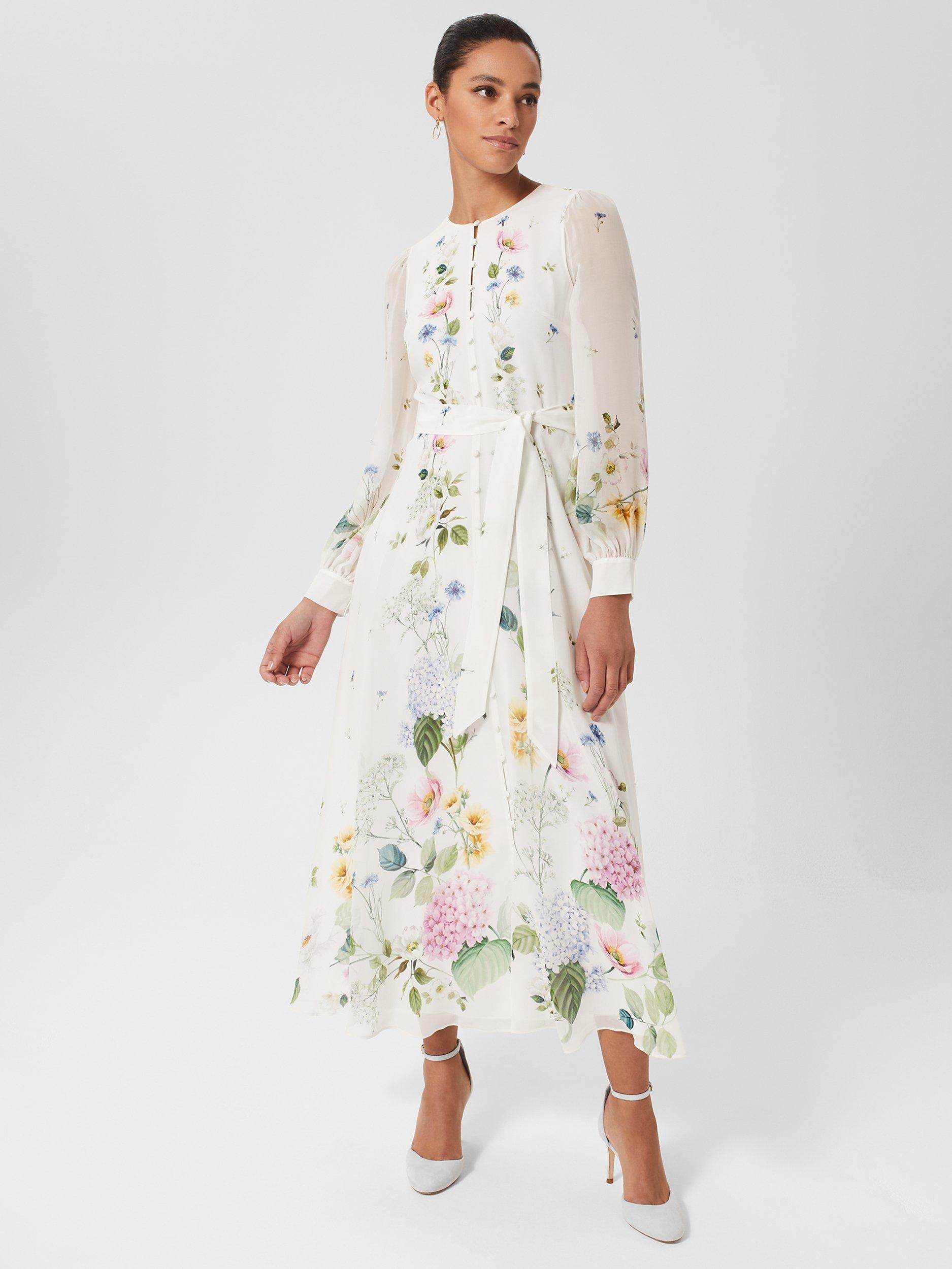 Hobbs Maribella Floral Silk Midi Dress, Ivory/Multi
